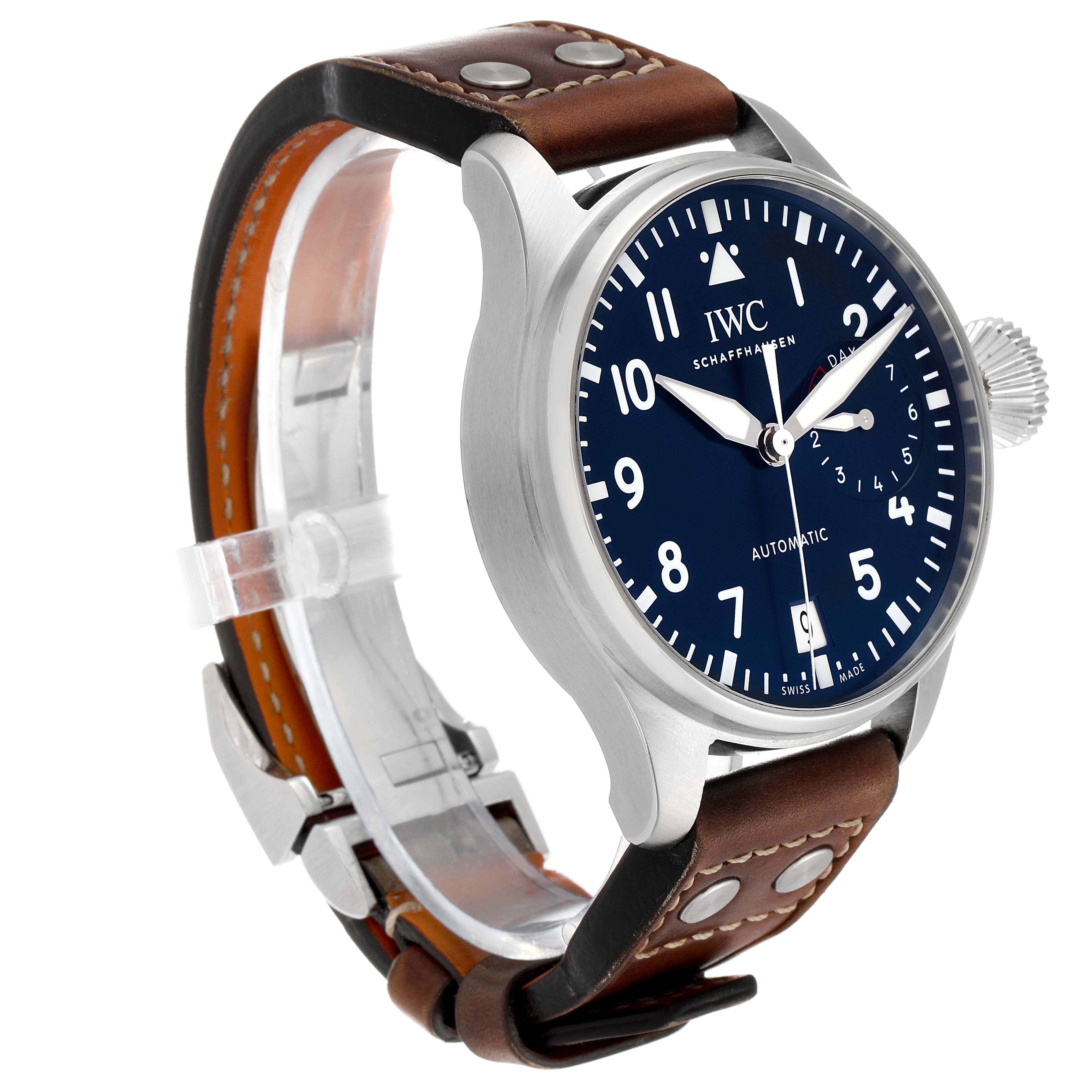 The IWC Pilot IW500916 Men's Stainless Steel Blue Dial IW500916 Men's Stainless Steel Blue Dial model watch is shown at a slight angle, highlighting the face, case, crown, and leather strap with metal rivets.