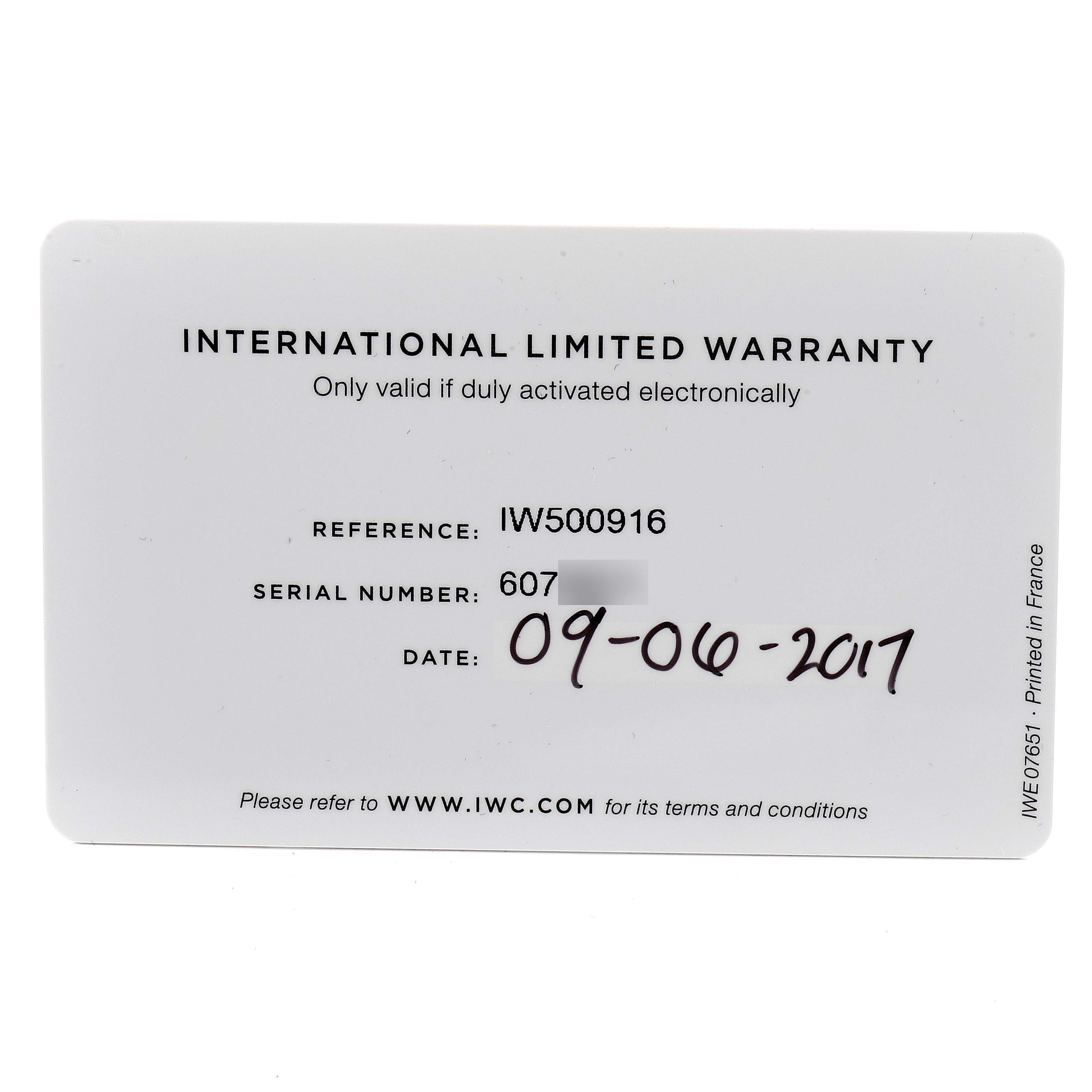 This is an image of an International Limited Warranty card for an IWC Pilot IW500916 Men's Stainless Steel Blue Dial IW500916 Men's Stainless Steel Blue Dial model, showing reference number, serial number, and date.