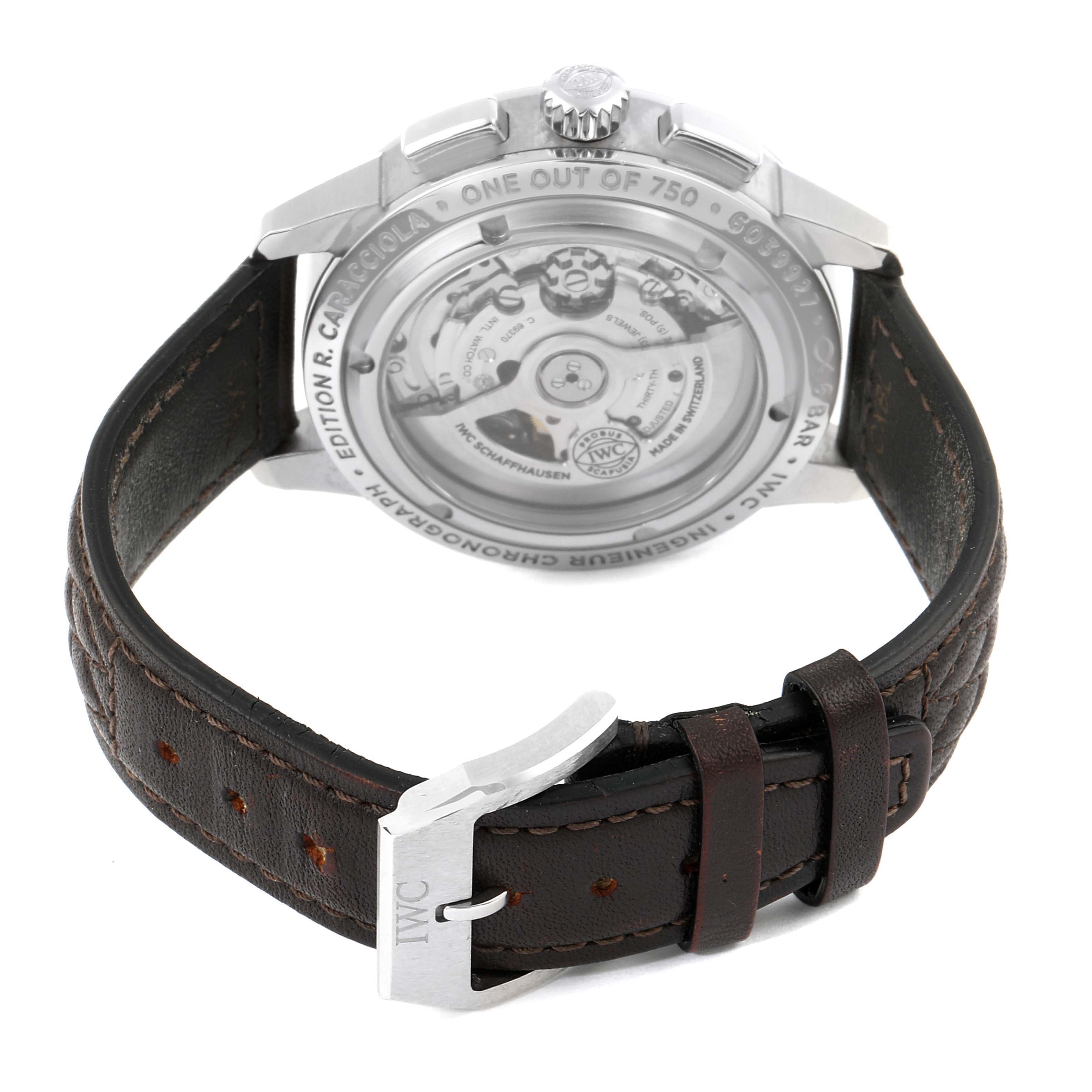 The image shows the back view of an IWC Ingenieur IW380702 Men's Stainless Steel Grey Dial IW380702 Men's Stainless Steel Grey Dial watch, displaying its movement and leather strap.