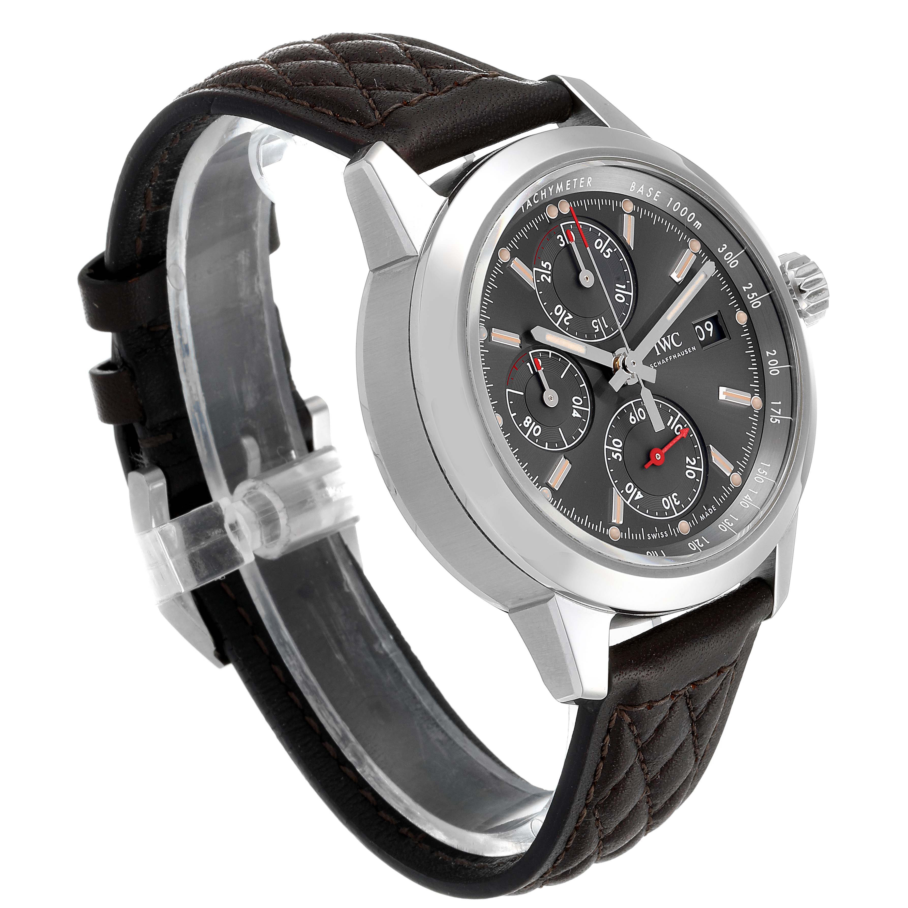The IWC Ingenieur IW380702 Men's Stainless Steel Grey Dial IW380702 Men's Stainless Steel Grey Dial watch is shown at an angled side view, displaying the face, bezel, and strap.