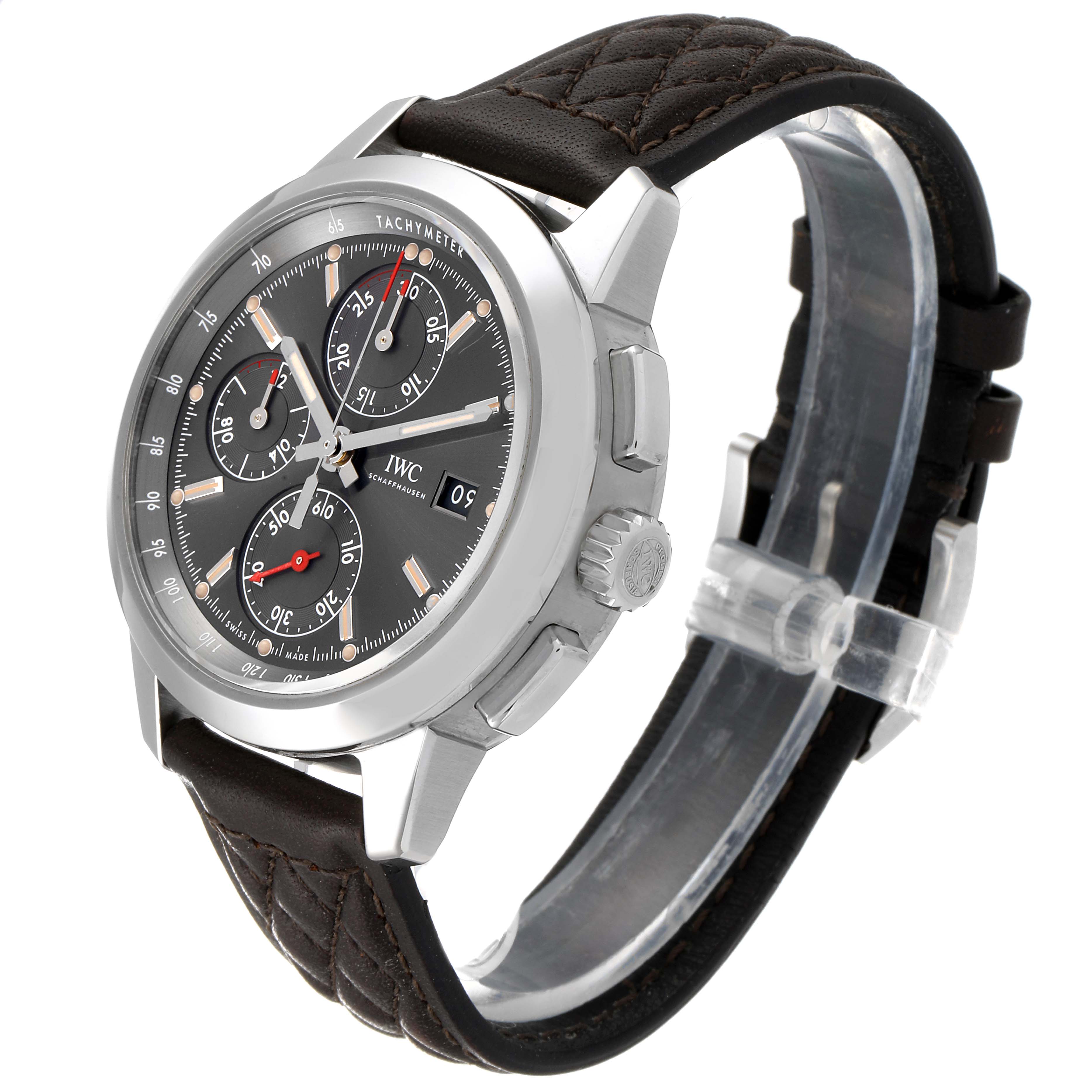 The IWC Ingenieur IW380702 Men's Stainless Steel Grey Dial IW380702 Men's Stainless Steel Grey Dial watch is shown at a three-quarter angle, highlighting its face, crown, buttons, and leather strap.