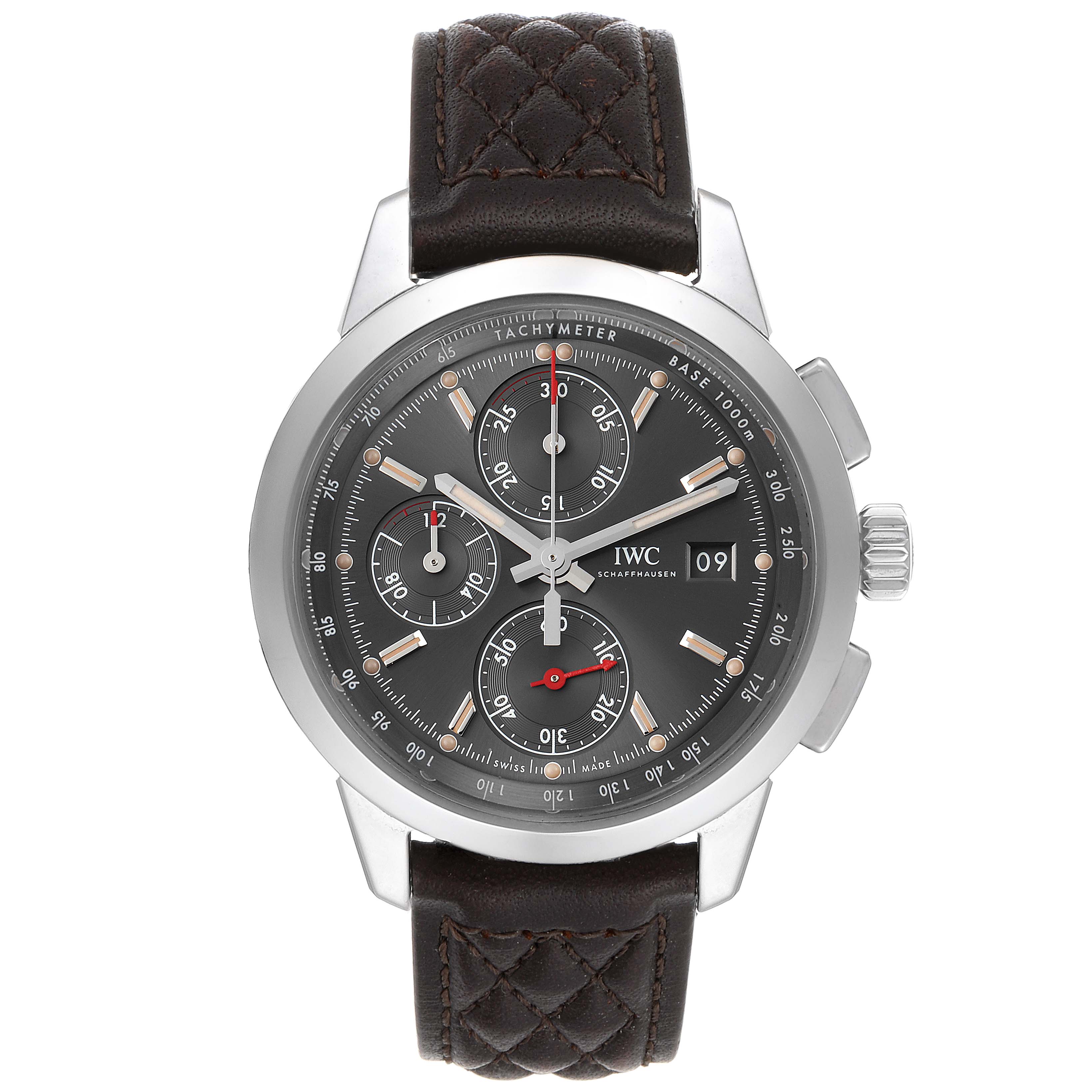 The IWC Ingenieur IW380702 Men's Stainless Steel Grey Dial IW380702 Men's Stainless Steel Grey Dial watch is shown from the front, displaying its dial, hands, and leather strap.