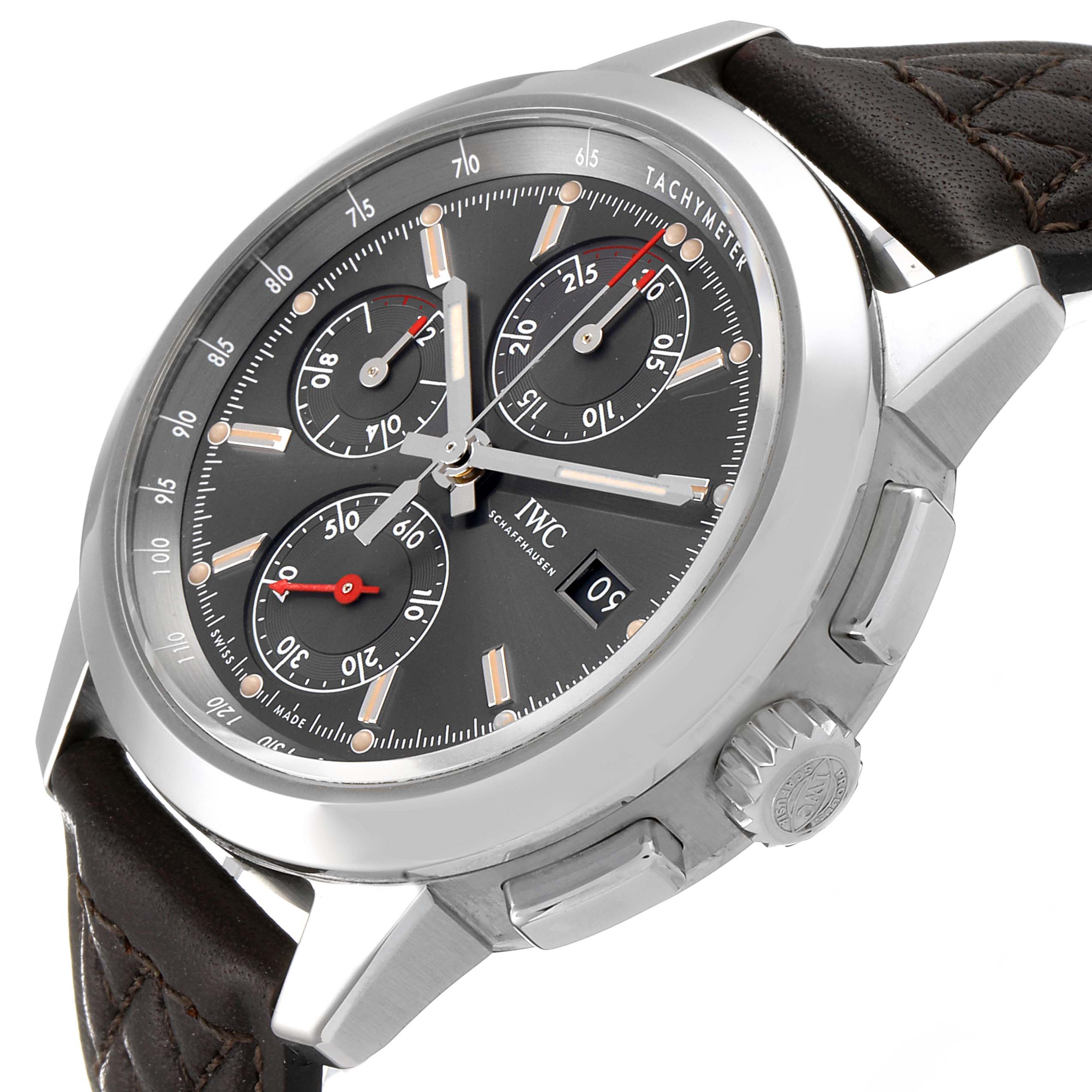 The image shows a close-up of the IWC Ingenieur IW380702 Men's Stainless Steel Grey Dial IW380702 Men's Stainless Steel Grey Dial watch from a side angle, highlighting the face, crown, pushers, and leather strap.