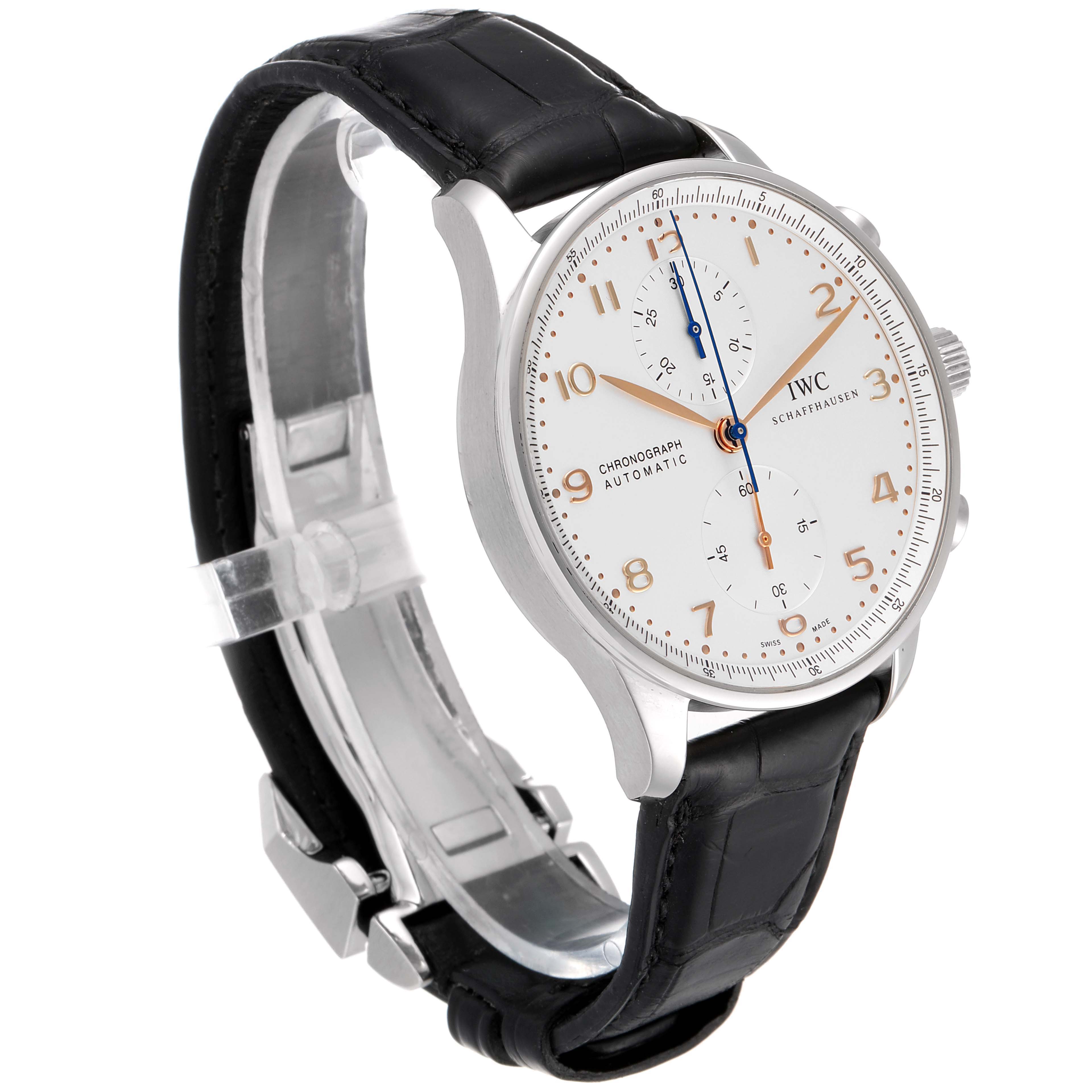 This image shows a side-angle view of the IWC Portuguese IW371445 Men's Stainless Steel Silver Dial IW371445 Men's Stainless Steel Silver Dial model watch, highlighting its face, case, and leather strap.