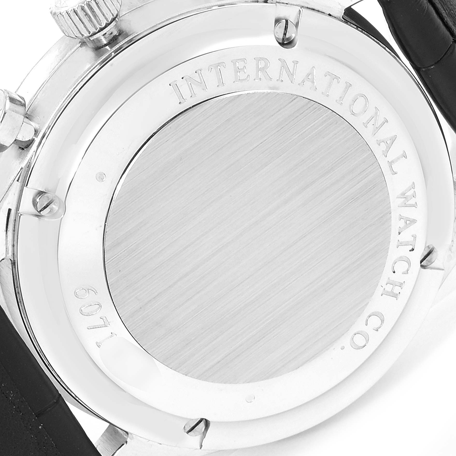 This image shows the back case of an IWC Portuguese IW371445 Men's Stainless Steel Silver Dial IW371445 Men's Stainless Steel Silver Dial model watch, emphasizing the brand engraving.