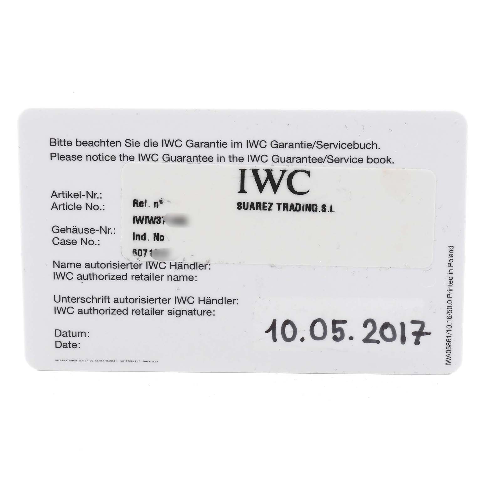 This image shows a warranty card for an IWC Portuguese IW371445 Men's Stainless Steel Silver Dial IW371445 Men's Stainless Steel Silver Dial model watch with purchase details and dealer information.