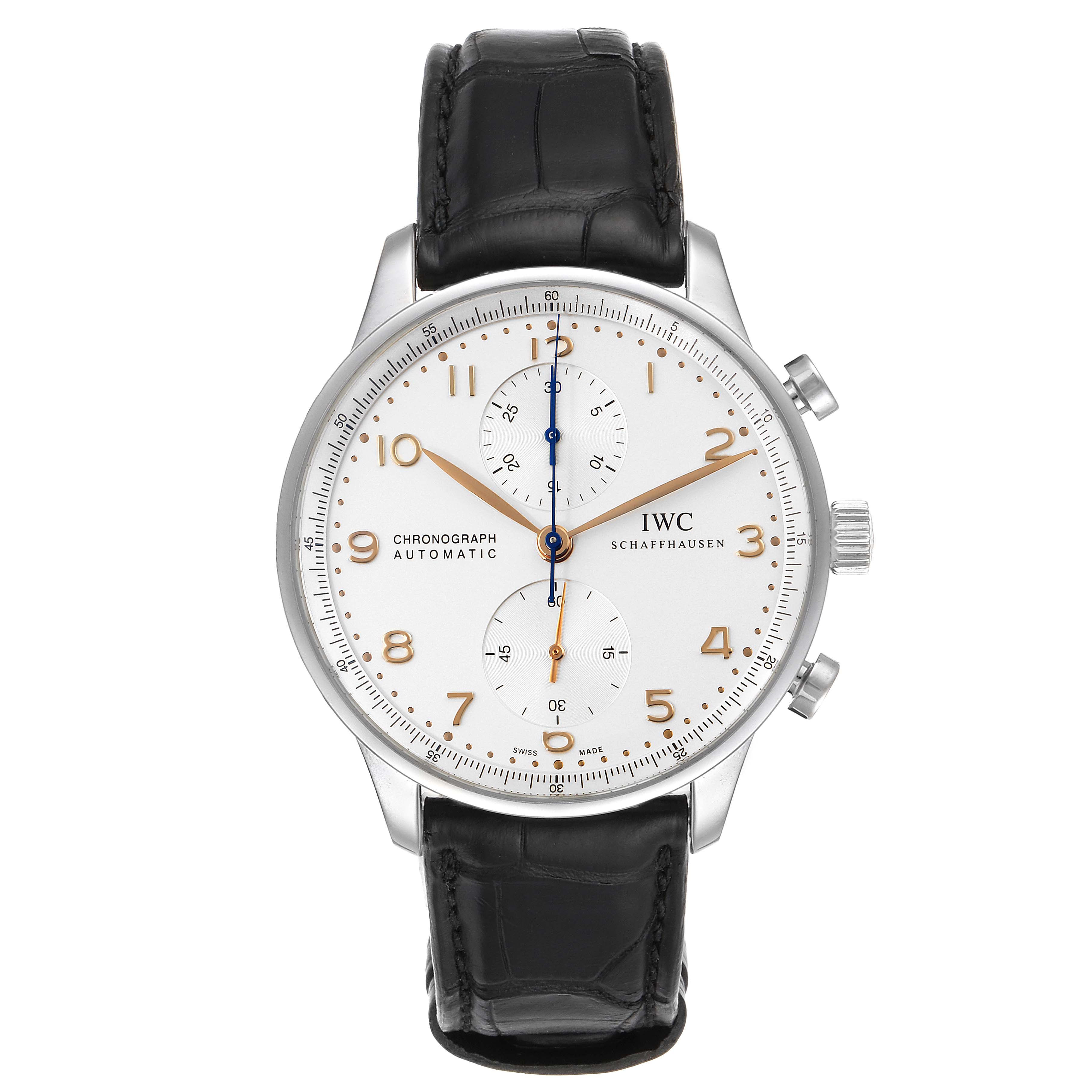 The IWC Portuguese IW371445 Men's Stainless Steel Silver Dial IW371445 Men's Stainless Steel Silver Dial model watch is shown from a front angle, displaying the dial face, chronograph subdials, and black leather strap.