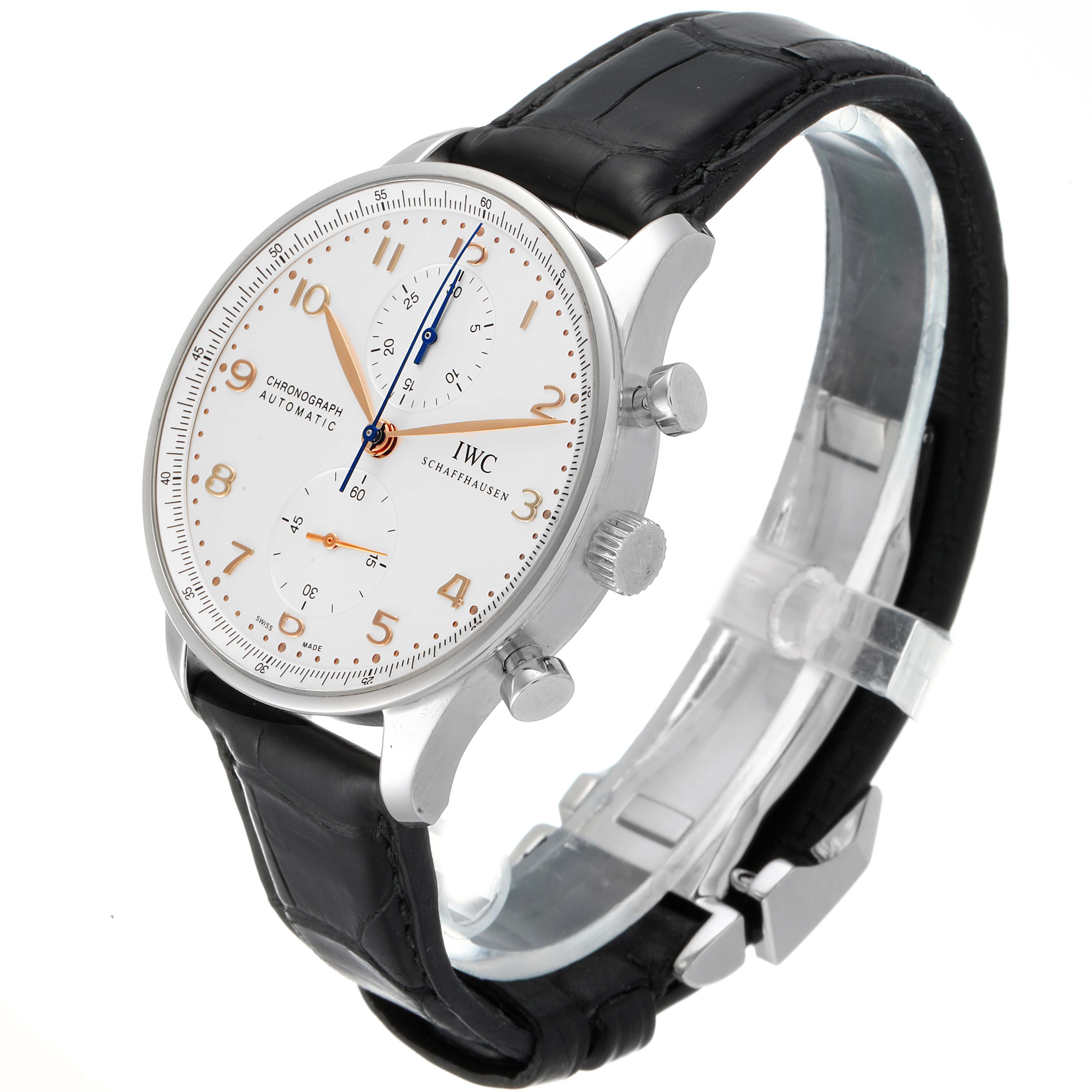 The image shows an IWC Portuguese IW371445 Men's Stainless Steel Silver Dial IW371445 Men's Stainless Steel Silver Dial model watch from a front-side angle, displaying the dial, crown, pushers, and leather strap.