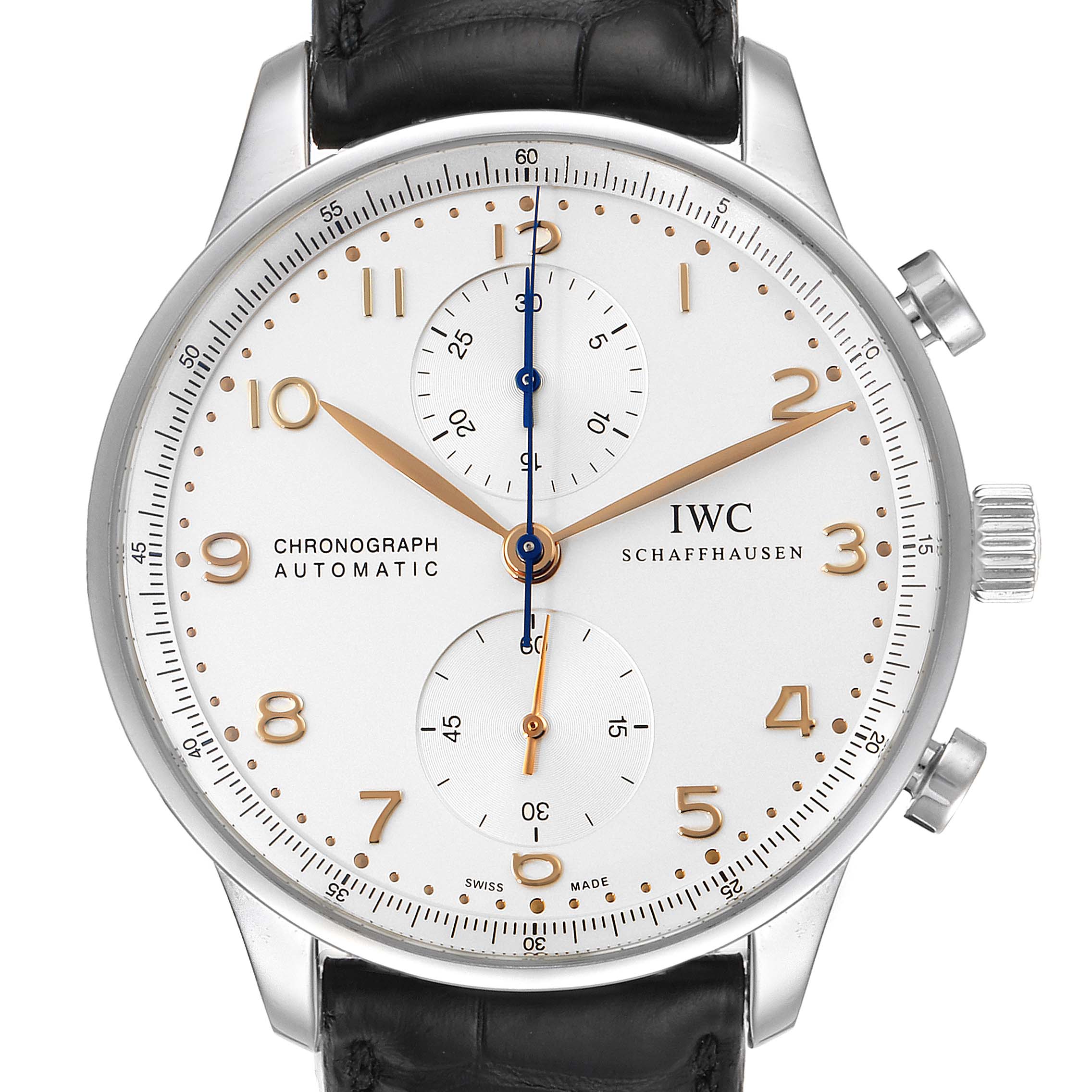 The image shows a front view of the IWC Portuguese IW371445 Men's Stainless Steel Silver Dial IW371445 Men's Stainless Steel Silver Dial Chronograph Automatic watch with a black leather strap.