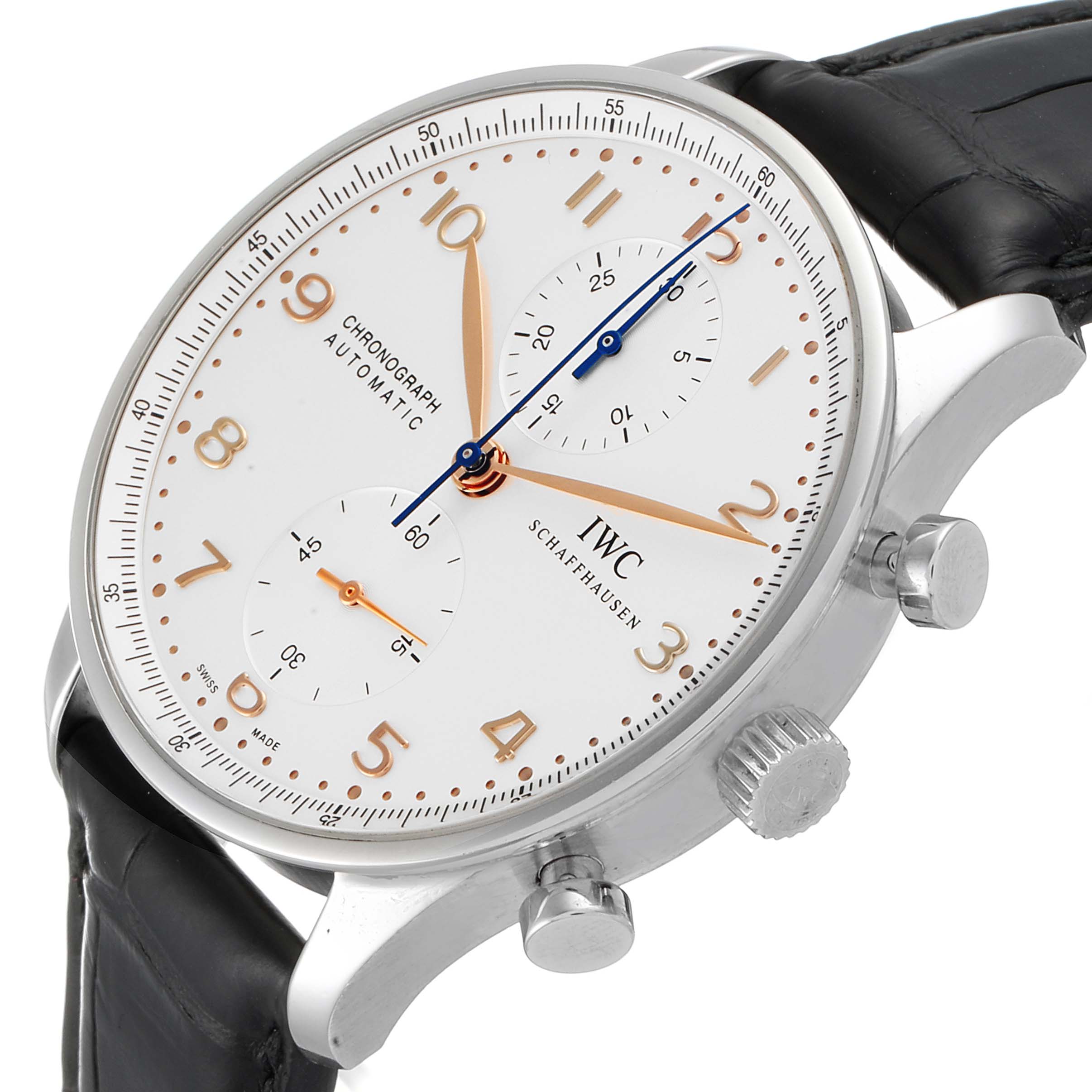 The image shows a side and top view angle of an IWC Portuguese IW371445 Men's Stainless Steel Silver Dial IW371445 Men's Stainless Steel Silver Dial model watch featuring its dial, crown, and leather strap.