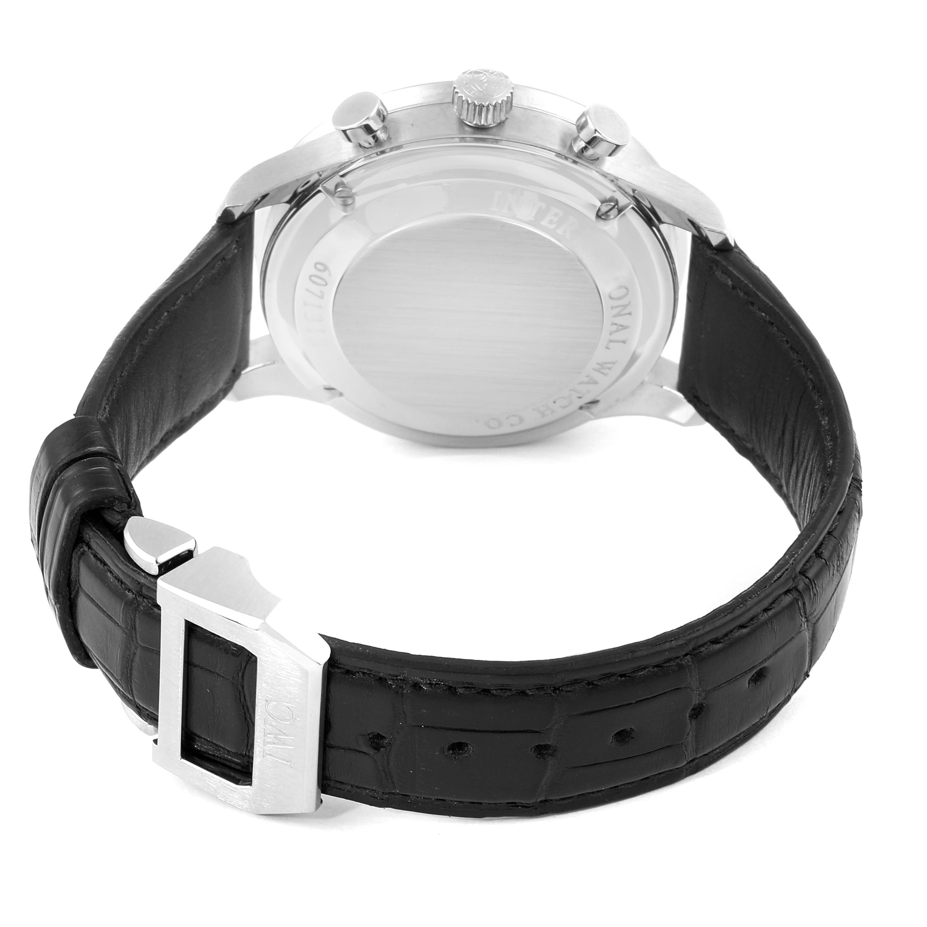 The image shows the back view of an IWC Portuguese IW371445 Men's Stainless Steel Silver Dial IW371445 Men's Stainless Steel Silver Dial watch, highlighting its case back, crown, pushers, and leather strap.