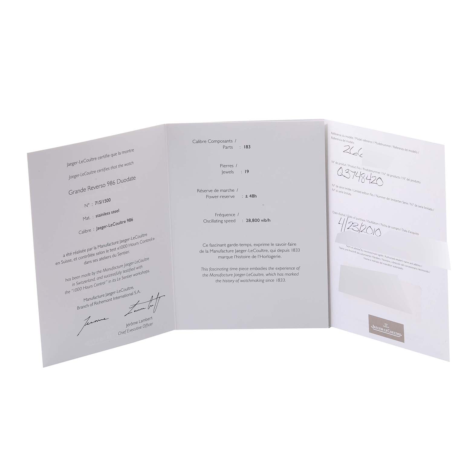 The image shows a booklet for the Jaeger LeCoultre Reverso Q3748420 Men's Stainless Steel Silver Dial Q3748420 Men's Stainless Steel Silver Dial model, displaying details and specifications of the watch.