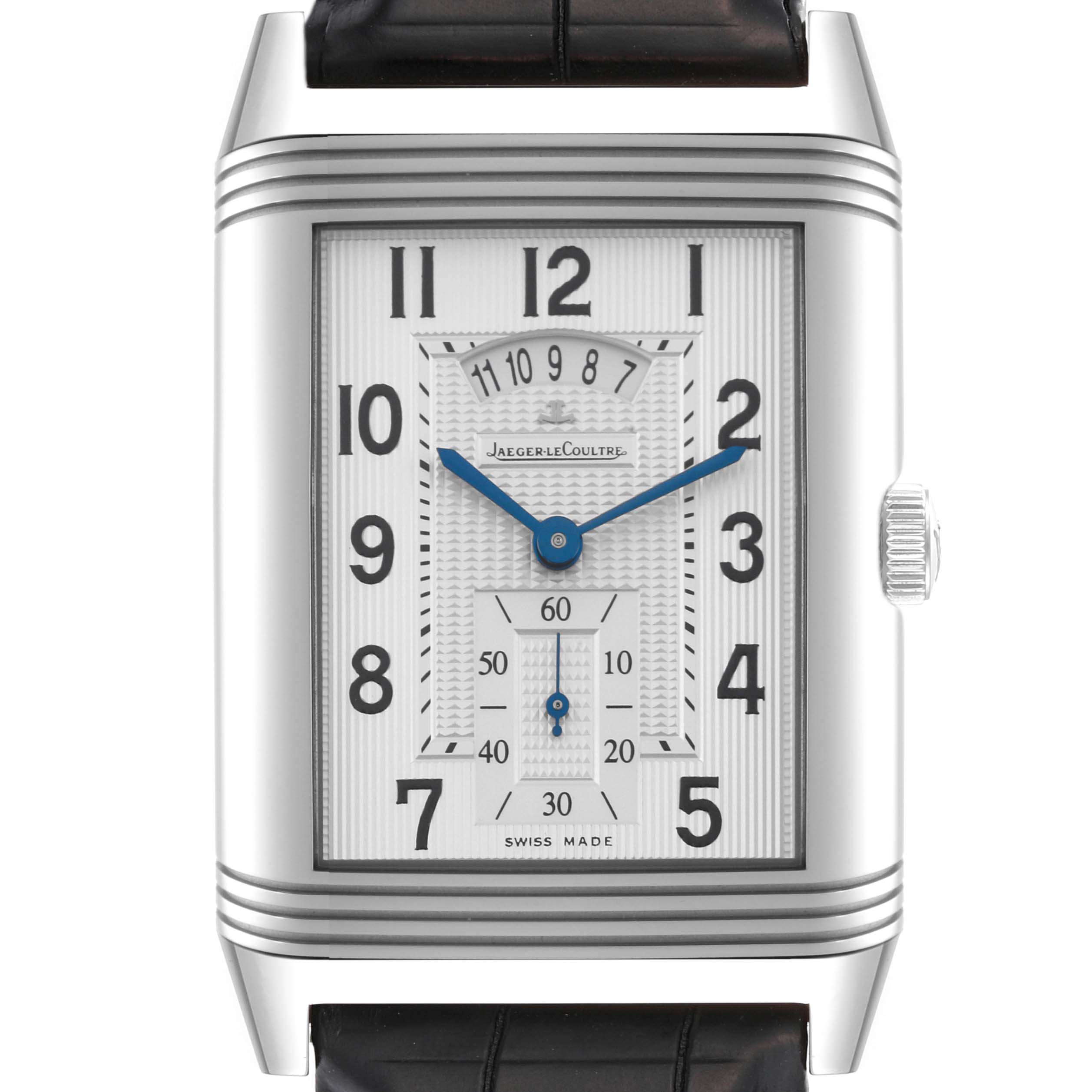 The image shows a front view of a Jaeger LeCoultre Reverso Q3748420 Men's Stainless Steel Silver Dial Q3748420 Men's Stainless Steel Silver Dial watch, highlighting the dial, blue hands, and Arabic numerals.