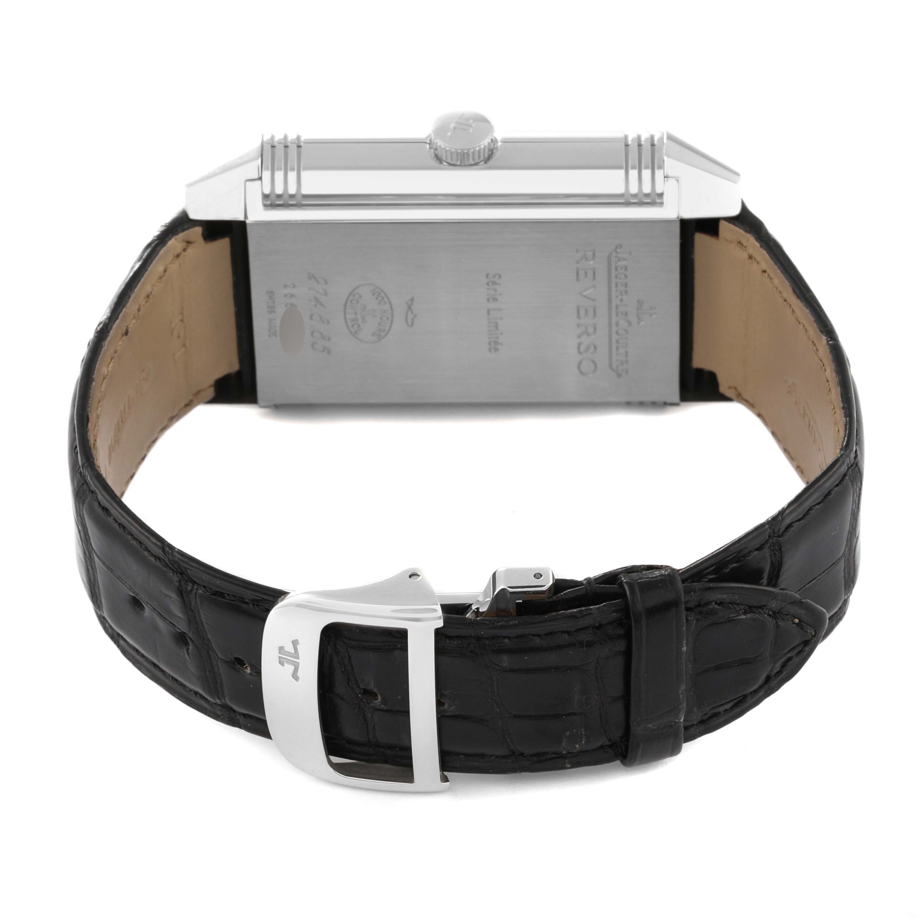The image shows the back and side view of the Reverso model by Jaeger-LeCoultre, highlighting the clasp and watch back.