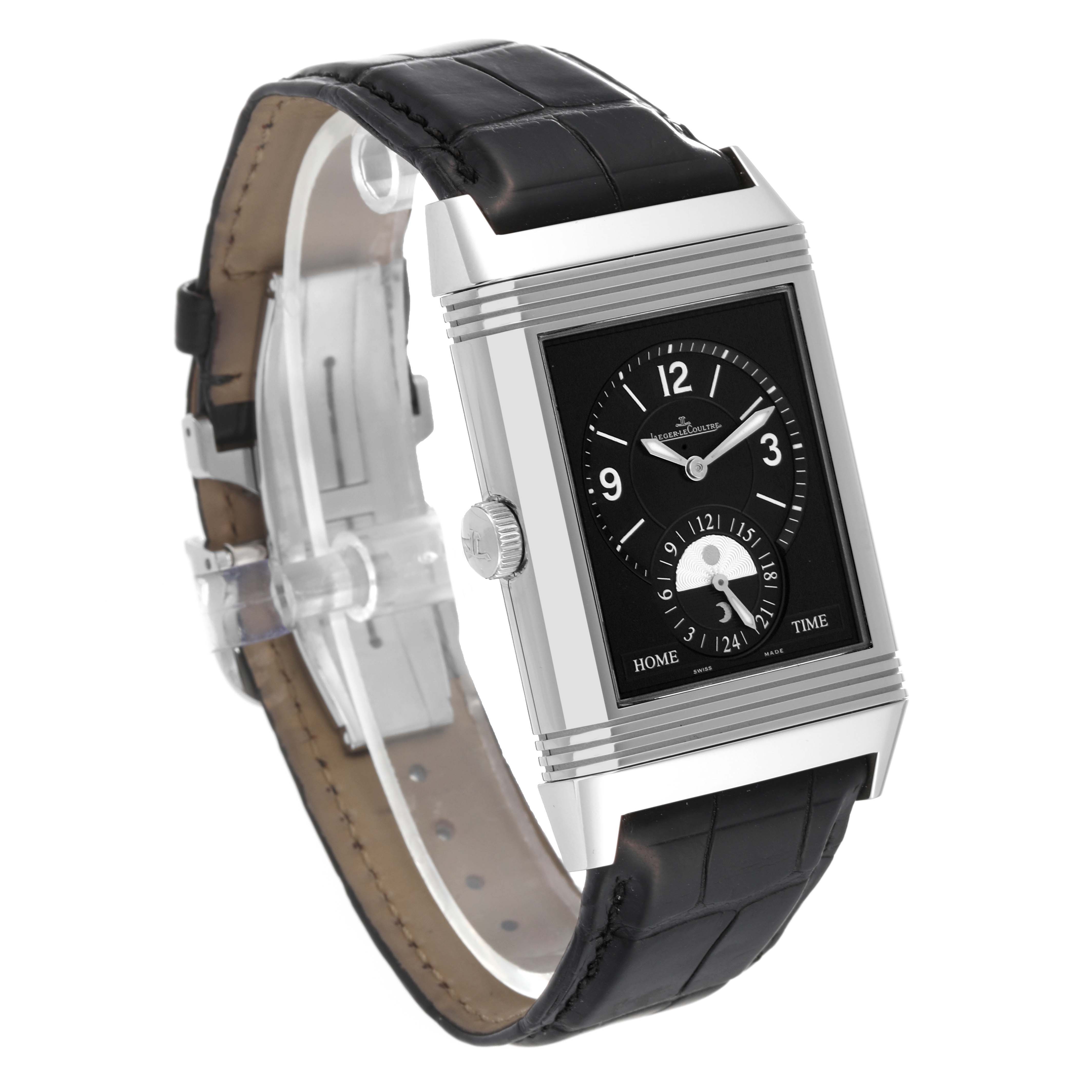 The image showcases a Jaeger-LeCoultre Reverso watch at an angled side view, highlighting its dial, case, crown, and leather strap.