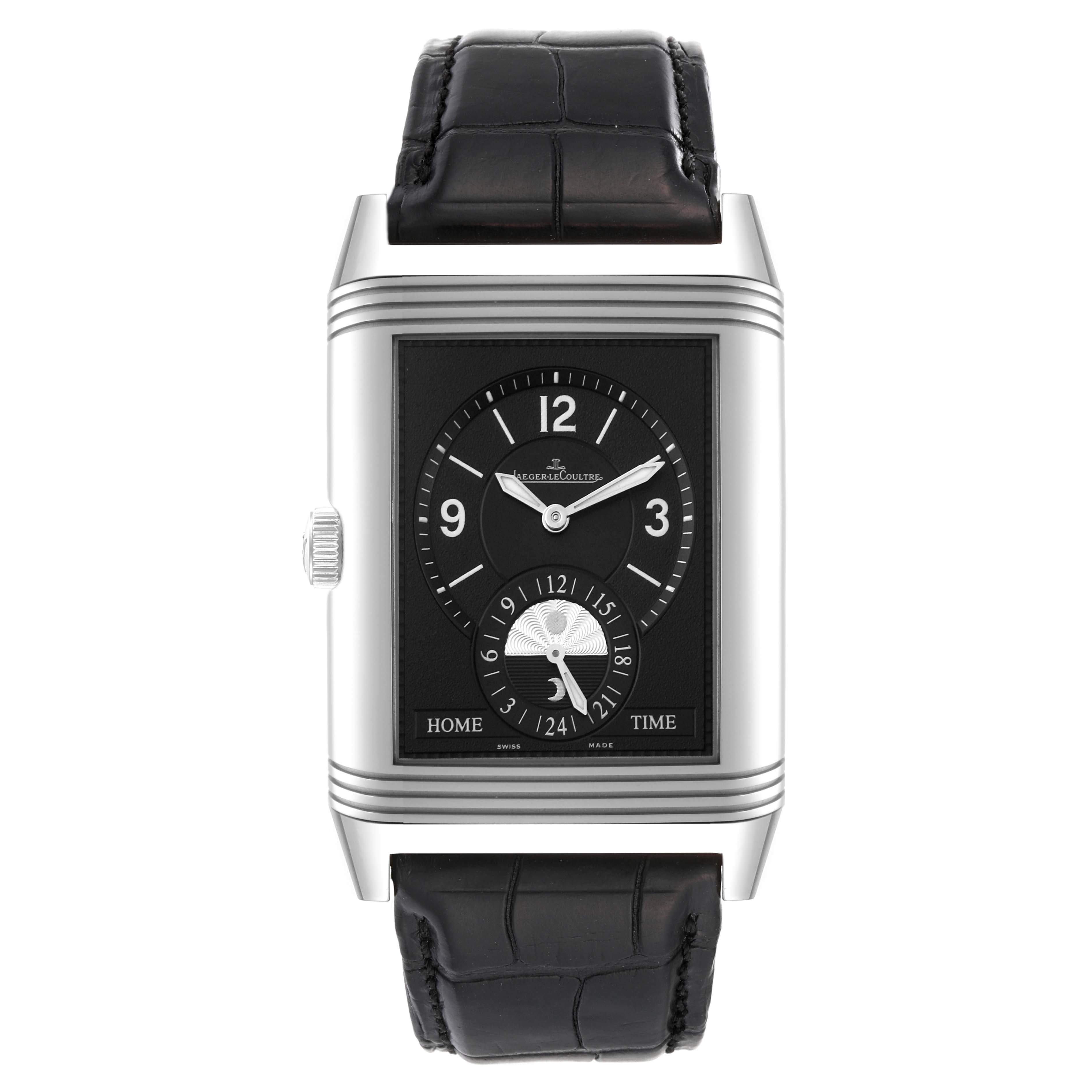 This is a front view of the Reverso model by Jaeger LeCoultre showing the dial and black leather strap.