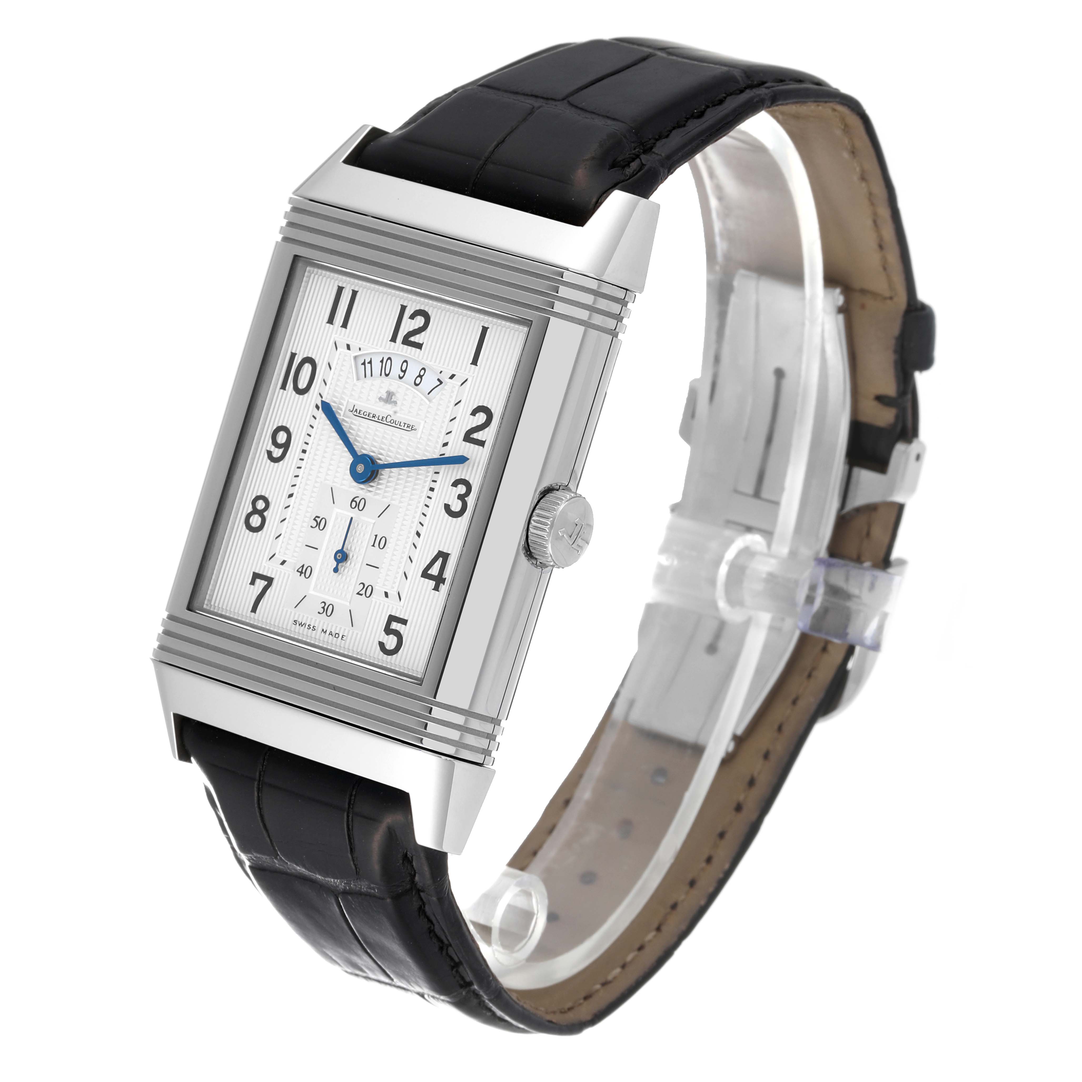The image shows a Jaeger-LeCoultre Reverso watch at a three-quarter angle, displaying the face, crown, and leather strap.