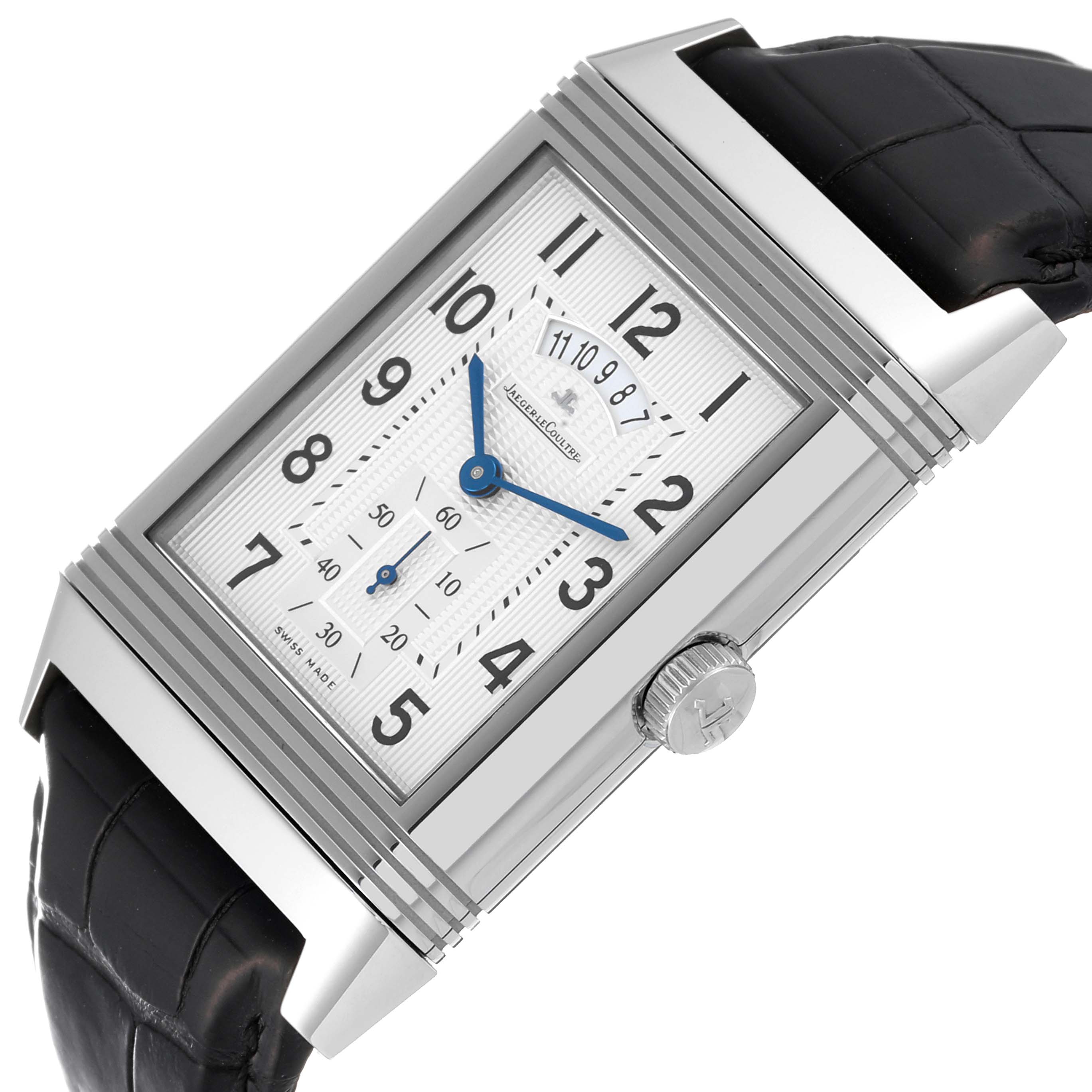 The image shows a close-up angle of the Jaeger-LeCoultre Reverso watch, highlighting its face, crown, and part of the leather strap.