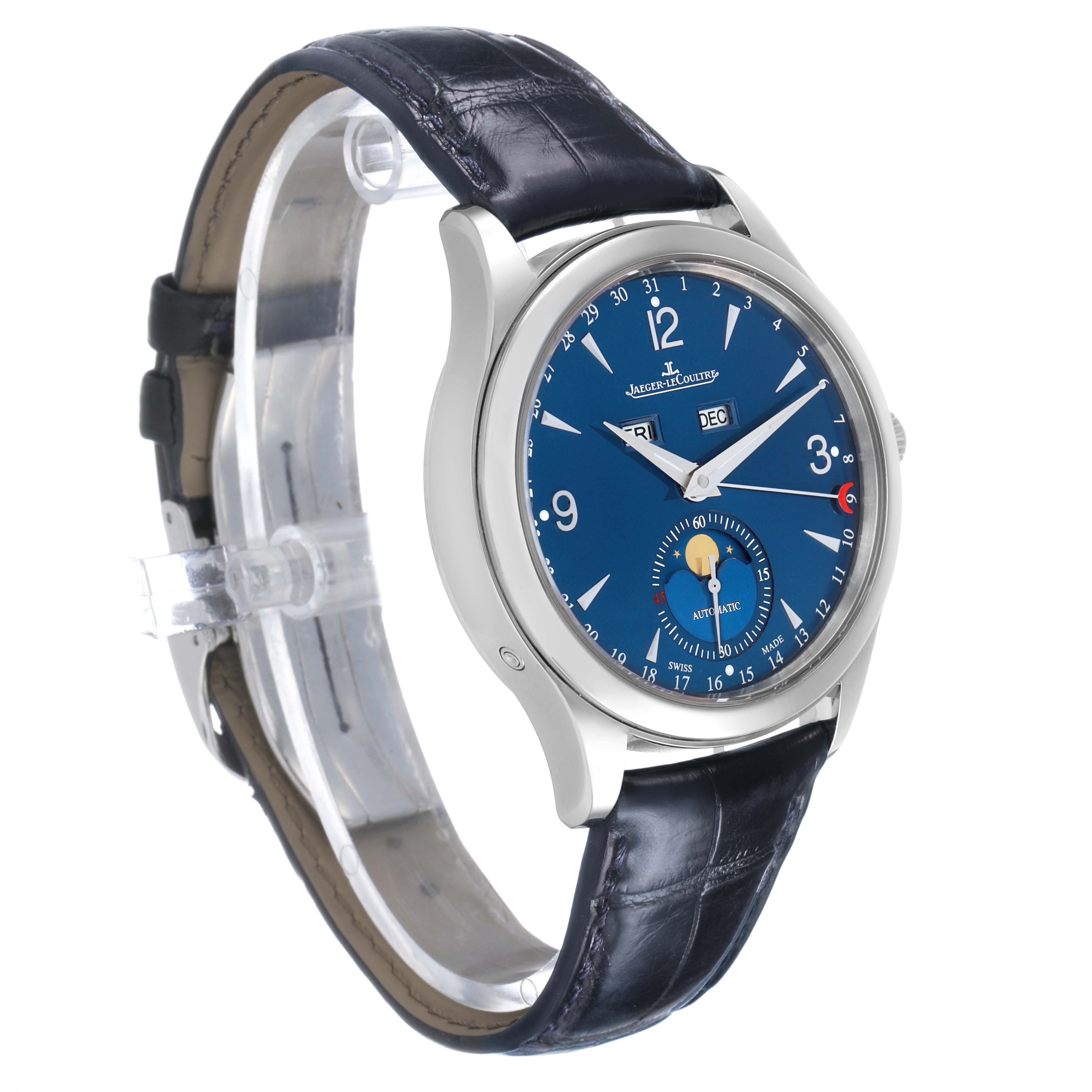 The Jaeger LeCoultre Master Q15848H / 176.8.12.S Men's Stainless Steel Blue Dial model watch is shown at a three-quarter angle, highlighting its blue dial, subdial, and leather strap.