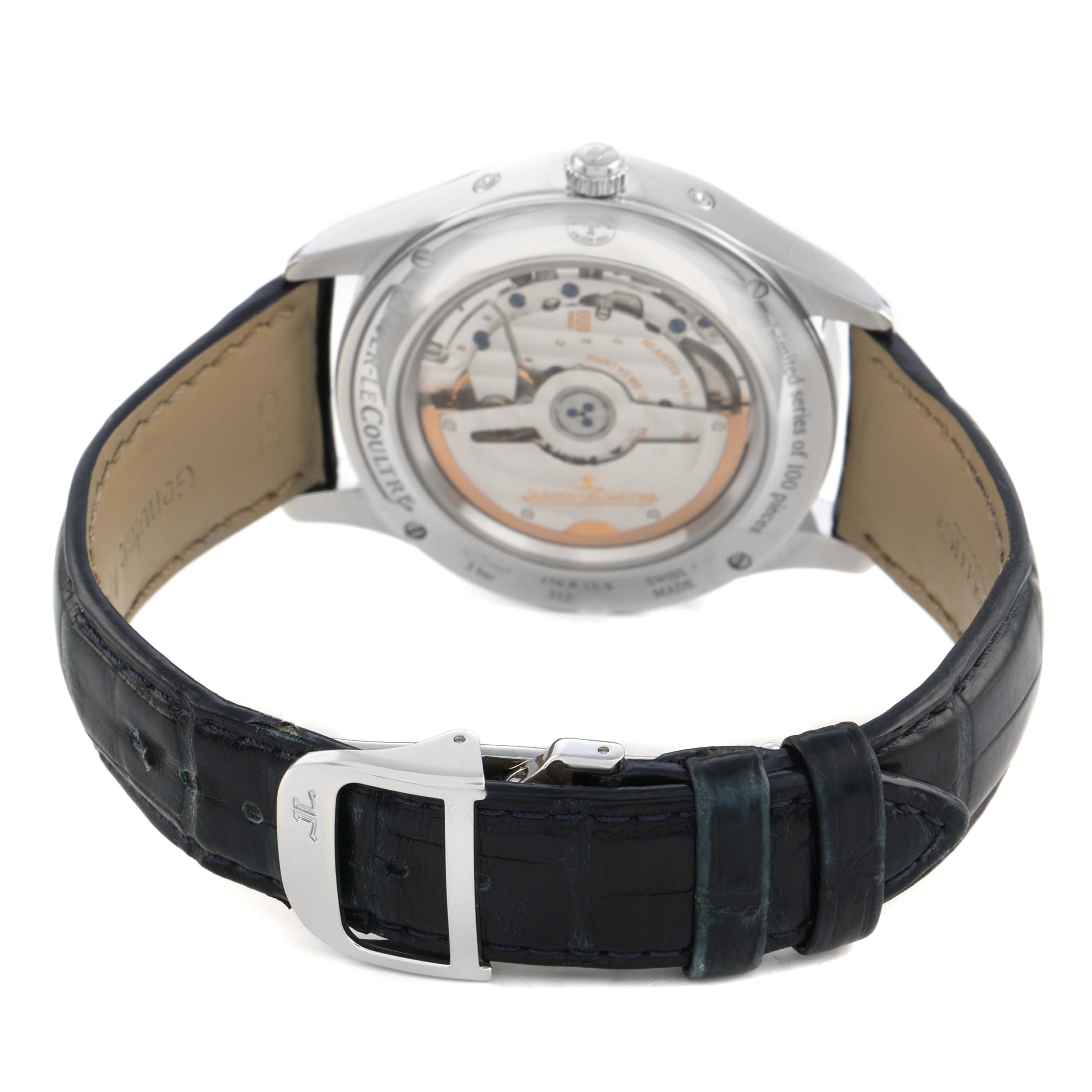 The Jaeger LeCoultre Master Q15848H / 176.8.12.S Men's Stainless Steel Blue Dial watch is shown from the back, highlighting its transparent case back and leather strap.