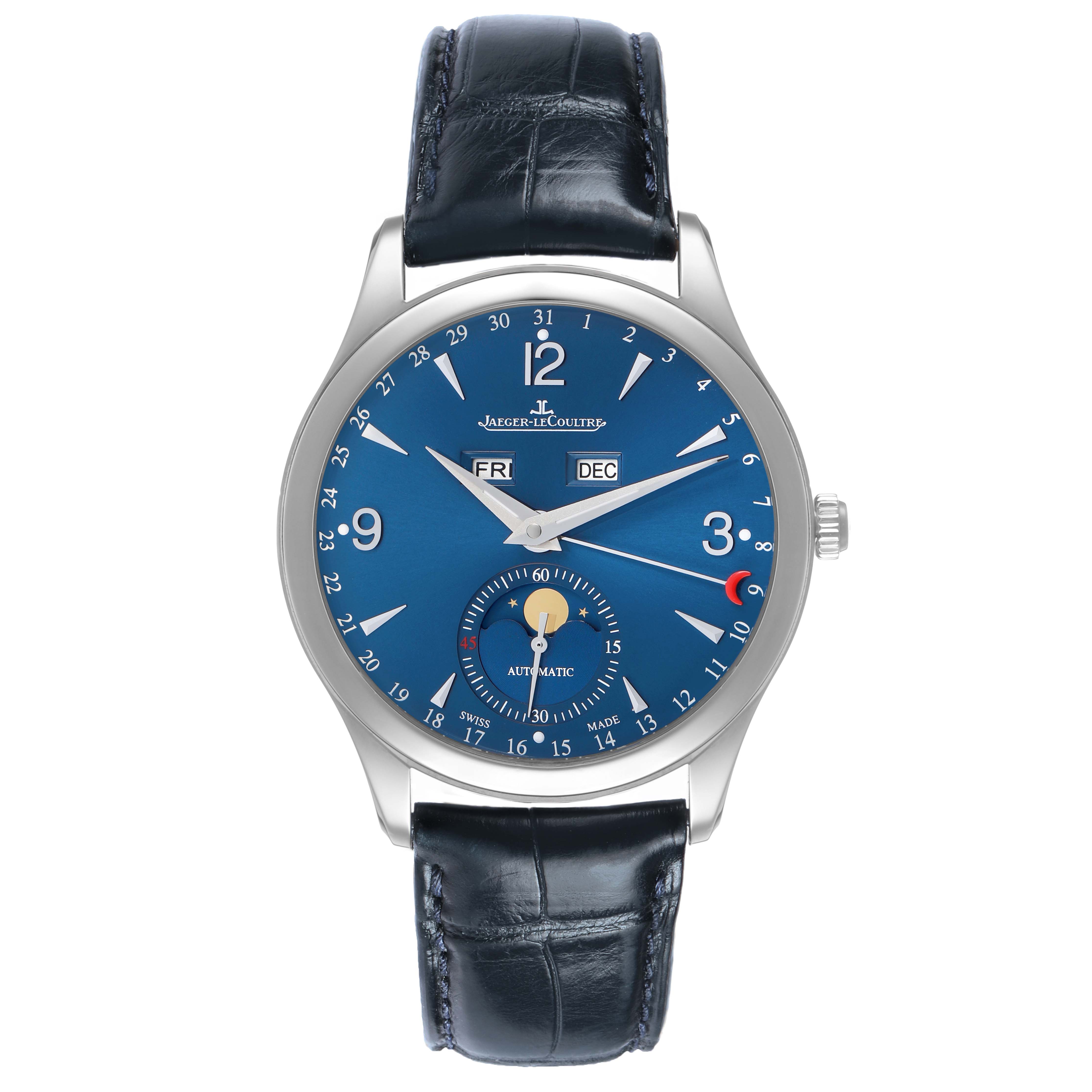 The Jaeger LeCoultre Master Q15848H / 176.8.12.S Men's Stainless Steel Blue Dial watch is shown from a front angle, displaying the face, dial, hands, and leather strap.