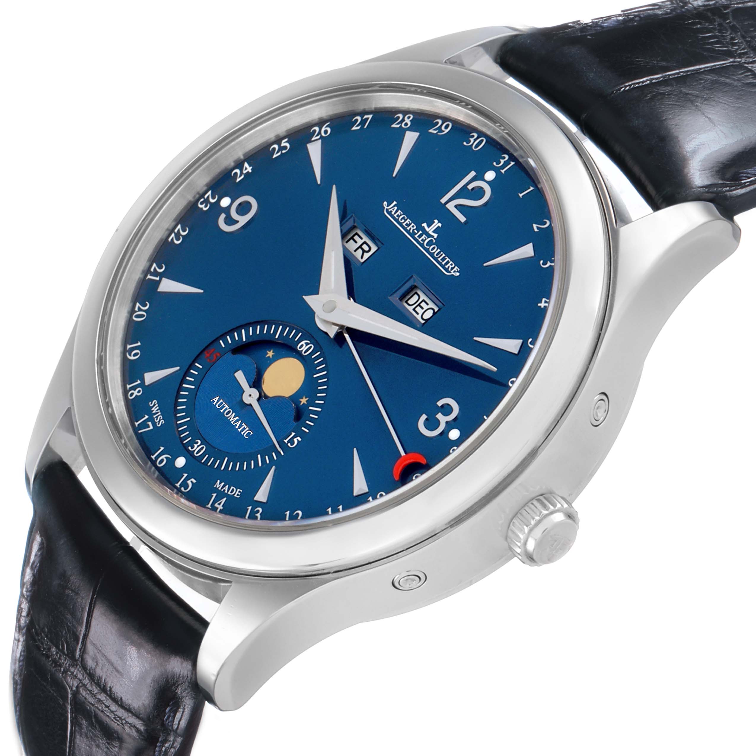 The Jaeger LeCoultre Master Q15848H / 176.8.12.S Men's Stainless Steel Blue Dial model is shown at a three-quarter angle, highlighting the blue dial, moon phase, and calendar features.