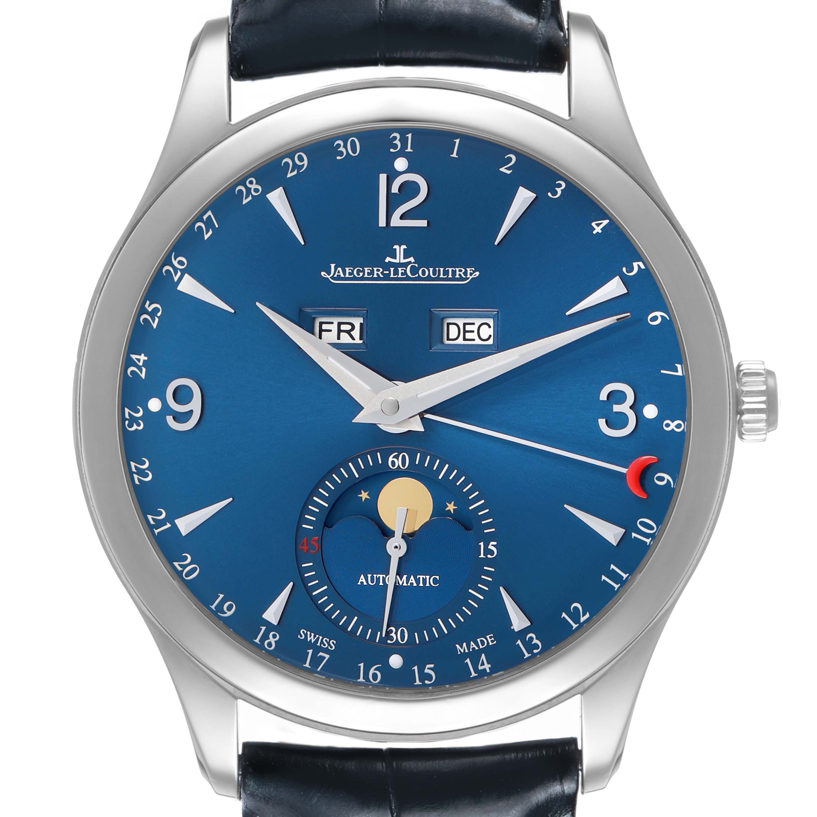 The Jaeger-LeCoultre Master watch is shown from the front, displaying the dial, hands, calendar apertures, and moon phase.