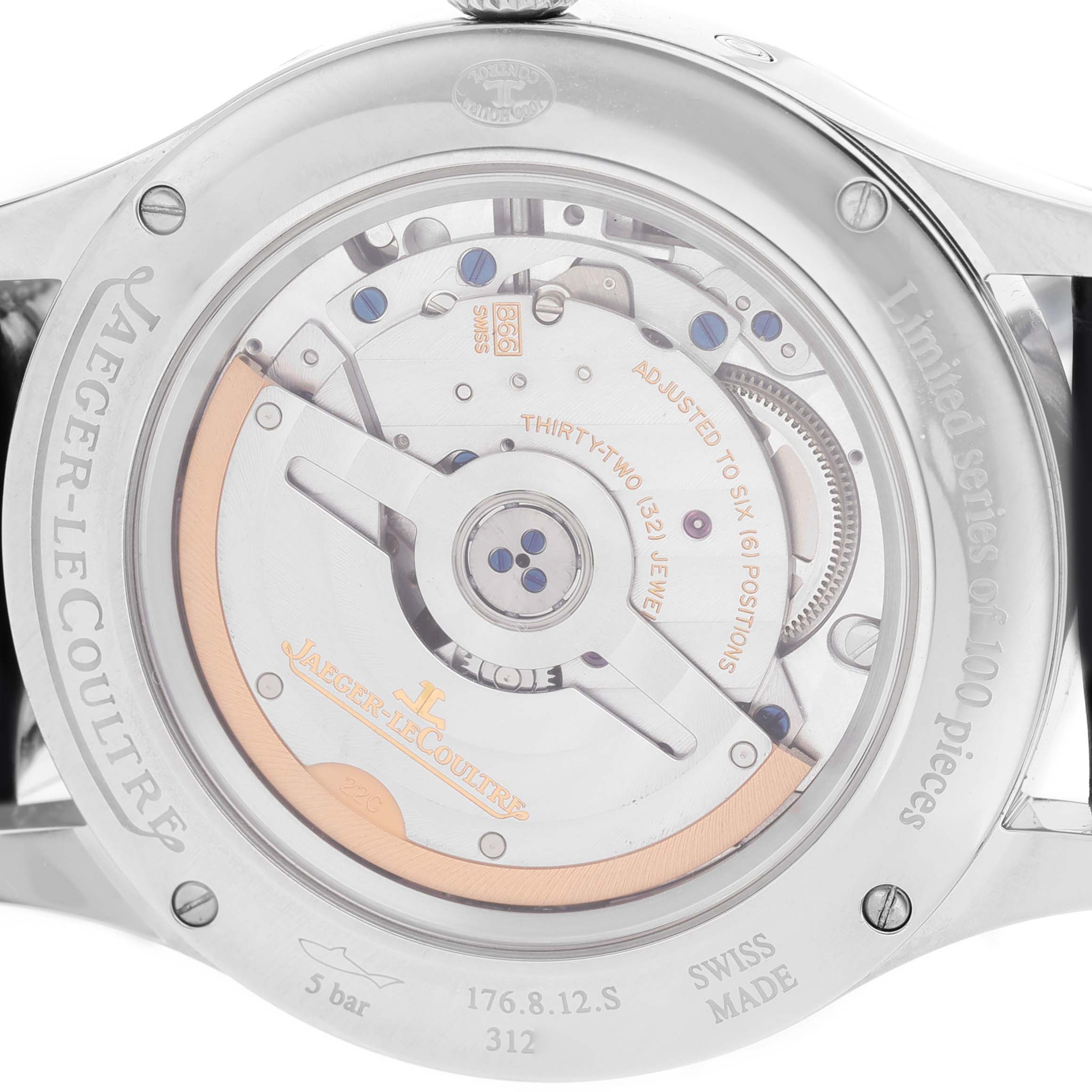 The Jaeger-LeCoultre Master watch is shown from the back, displaying the movement and rotor through a transparent case back.