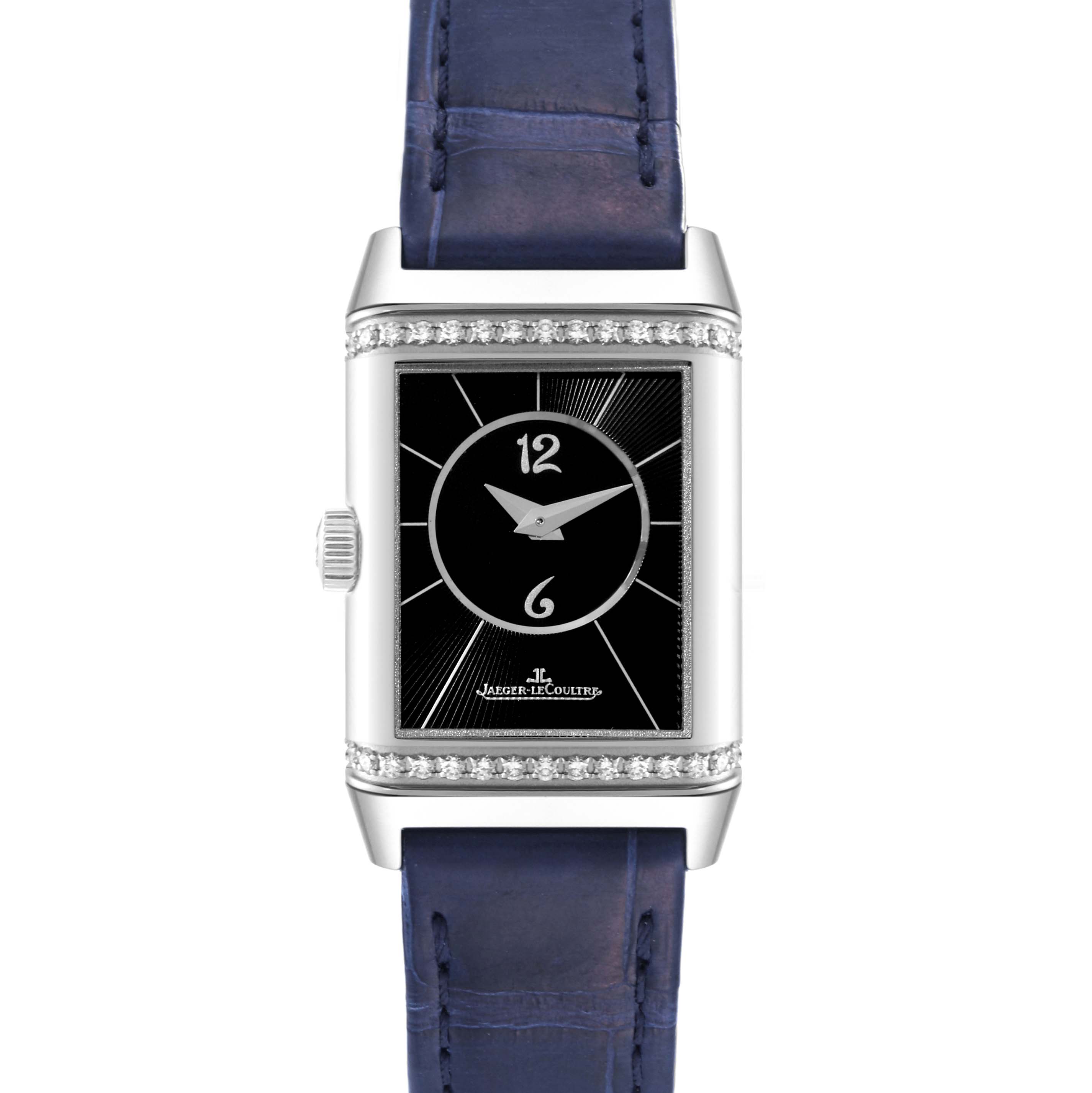 The image shows a Jaeger-LeCoultre Reverso watch from a front angle, clearly displaying the face, bezel, and blue leather strap.