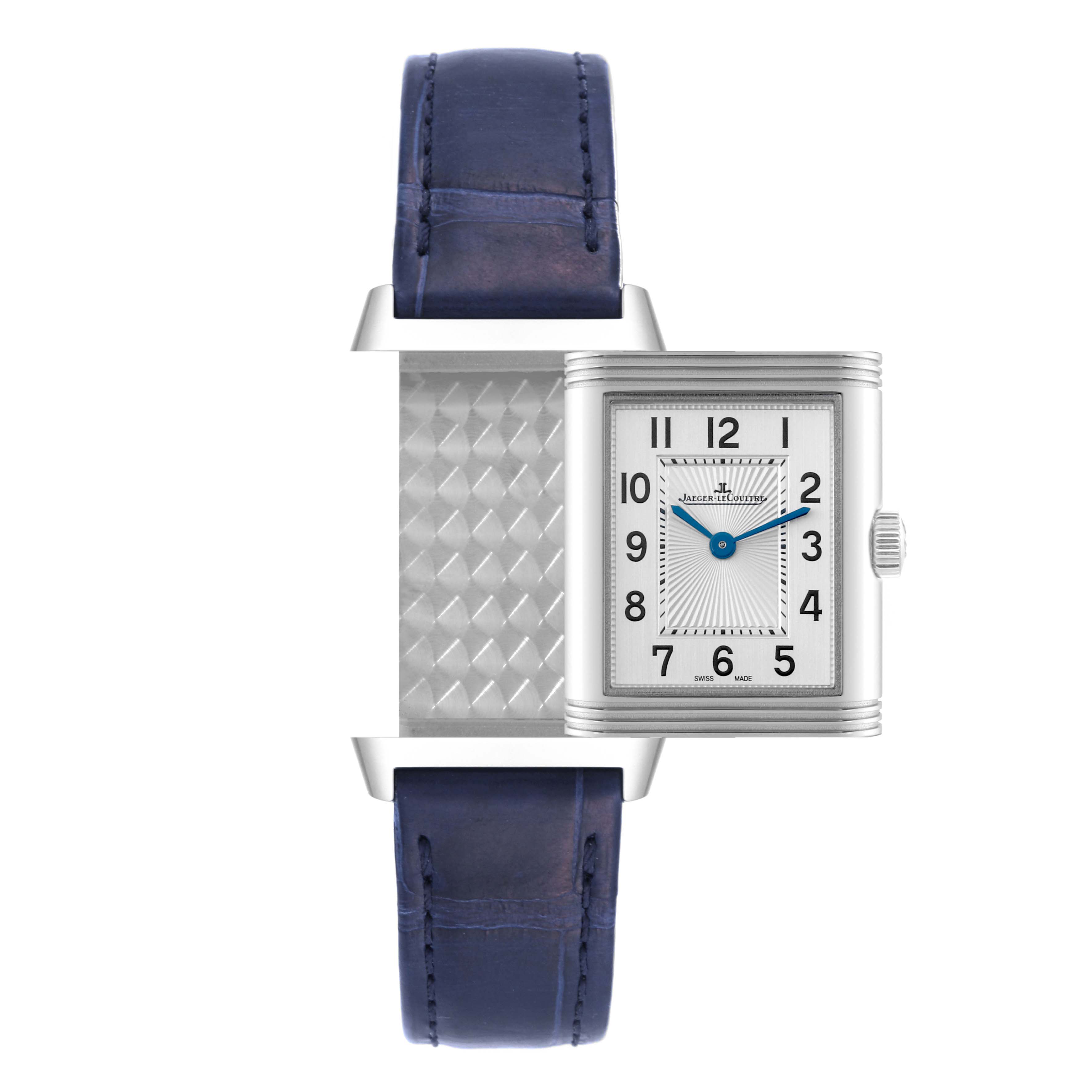 This image displays a front view of the Jaeger LeCoultre Reverso Q2668432 Women's Stainless Steel Silver Dial Q2668432 Women's Stainless Steel Silver Dial model watch, showing its unique rotating case and blue leather strap.
