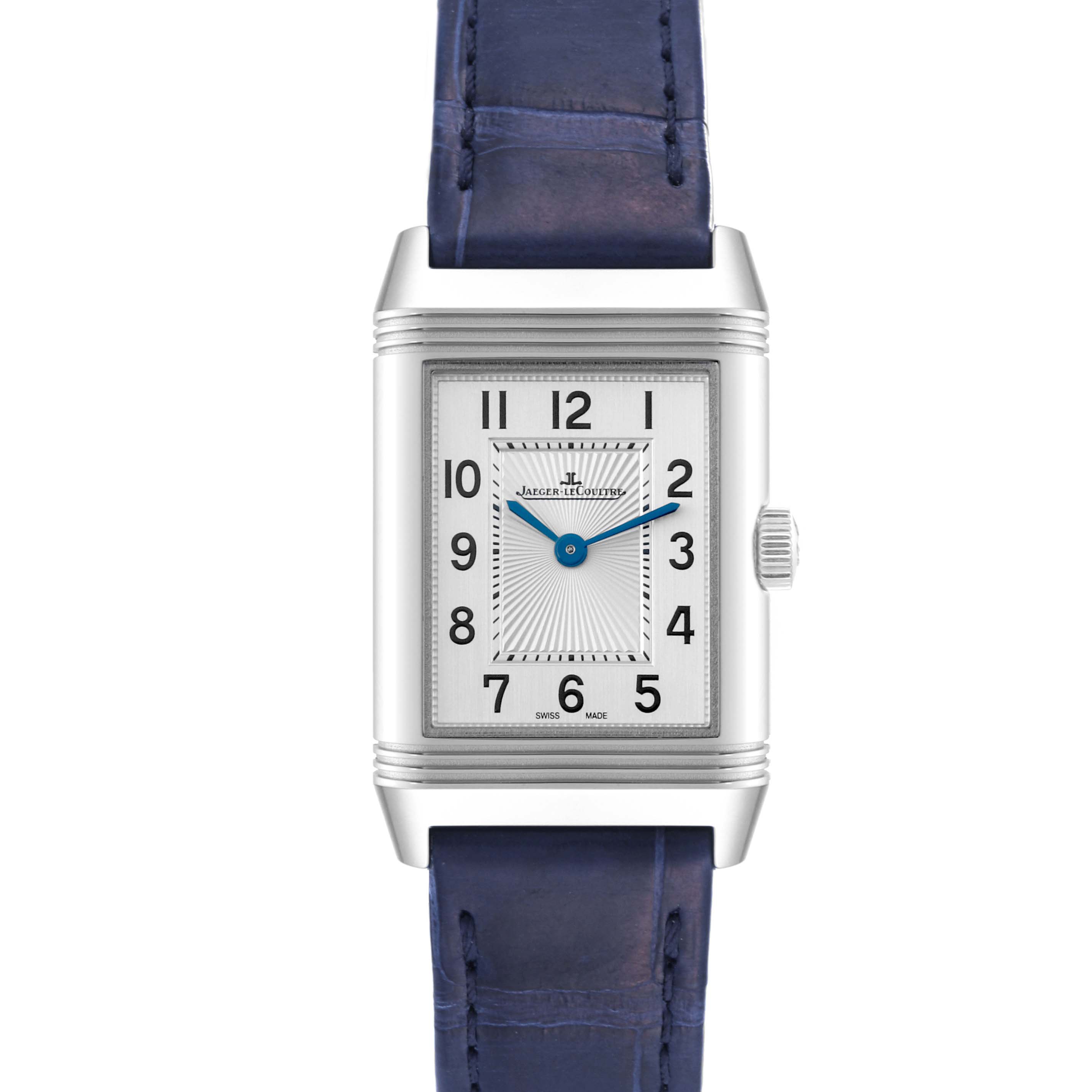 The image shows a frontal view of a Jaeger-LeCoultre Reverso watch, highlighting its dial, case, crown, and blue leather strap.