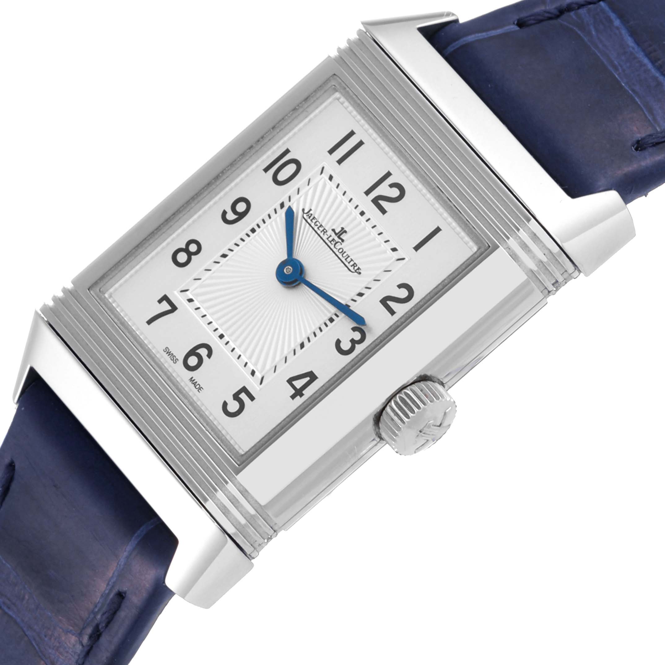 This image shows a top-down angle of a Jaeger LeCoultre Reverso Q2668432 Women's Stainless Steel Silver Dial Q2668432 Women's Stainless Steel Silver Dial watch, highlighting the face, crown, and blue leather strap.