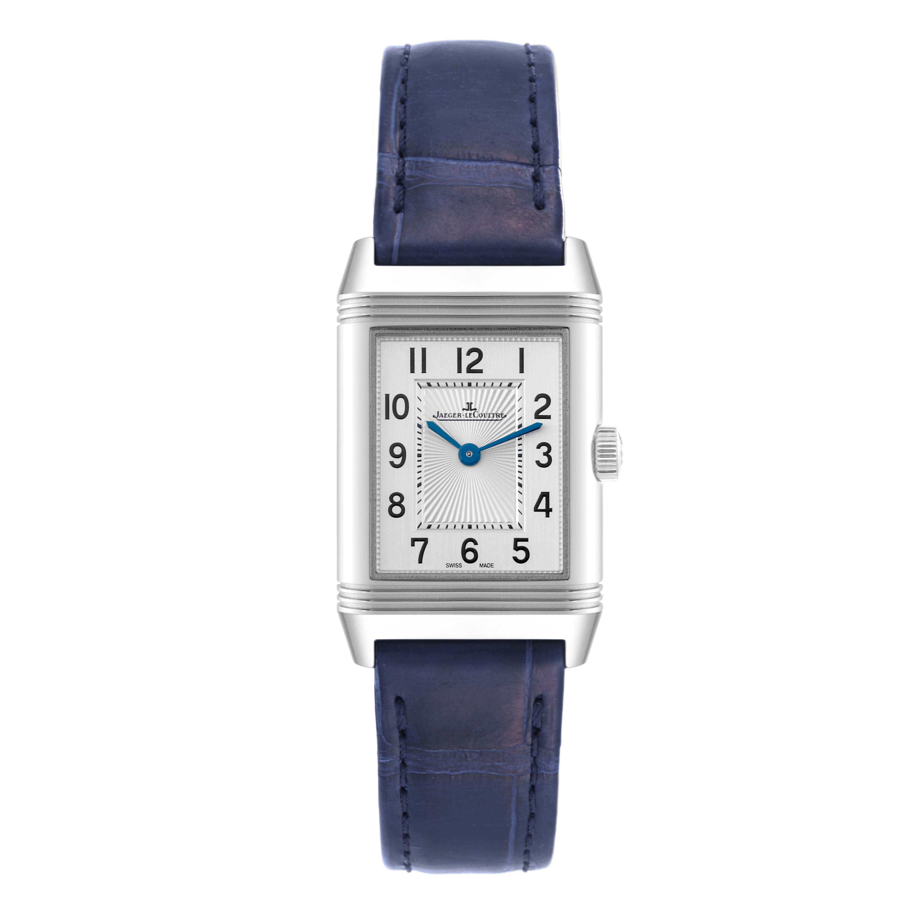 This image shows a front view of the Jaeger-LeCoultre Reverso watch, including the rectangular dial and blue leather strap.