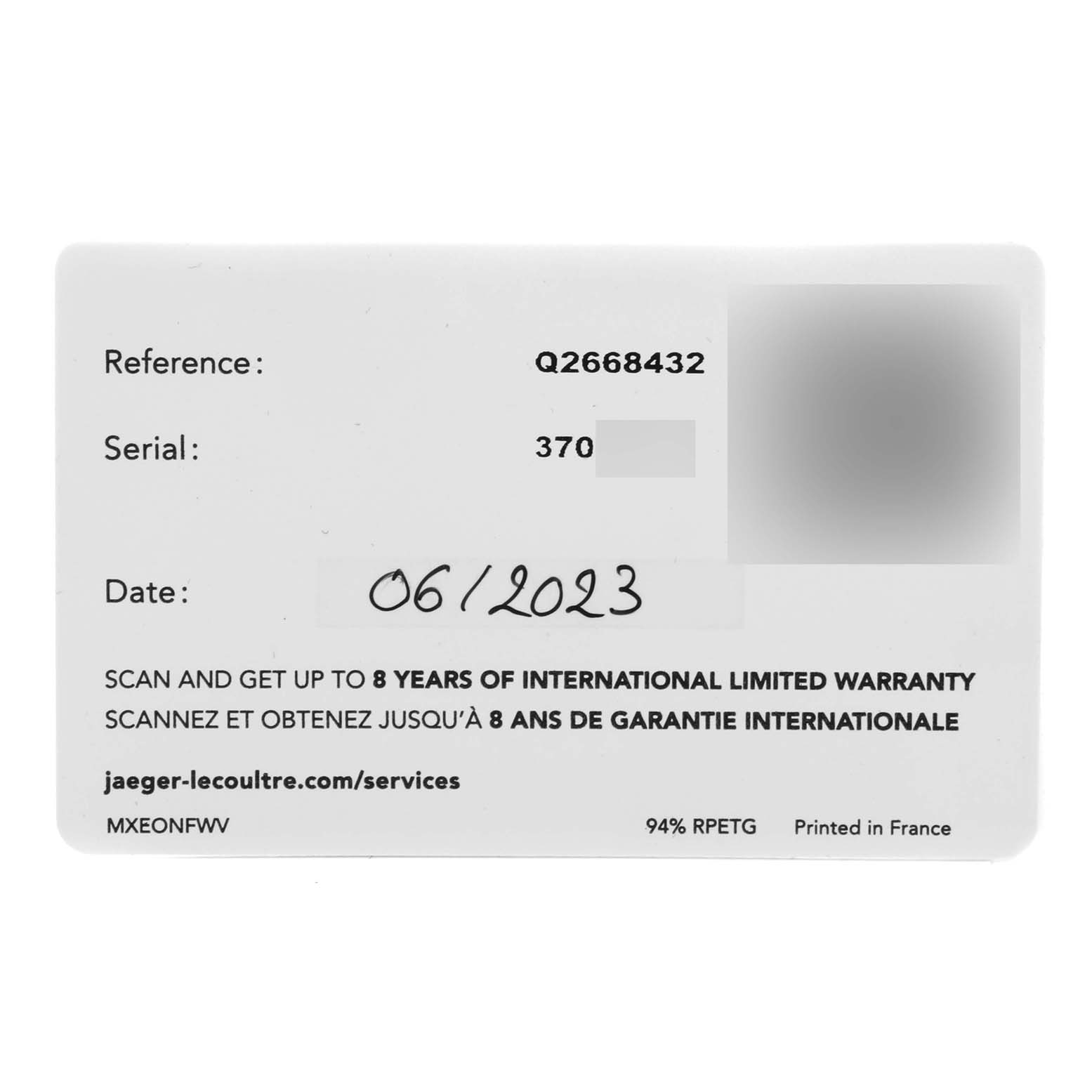 This image shows the warranty card for a Jaeger LeCoultre Reverso Q2668432 Women's Stainless Steel Silver Dial Q2668432 Women's Stainless Steel Silver Dial watch, detailing the reference number, serial number, and purchase date.