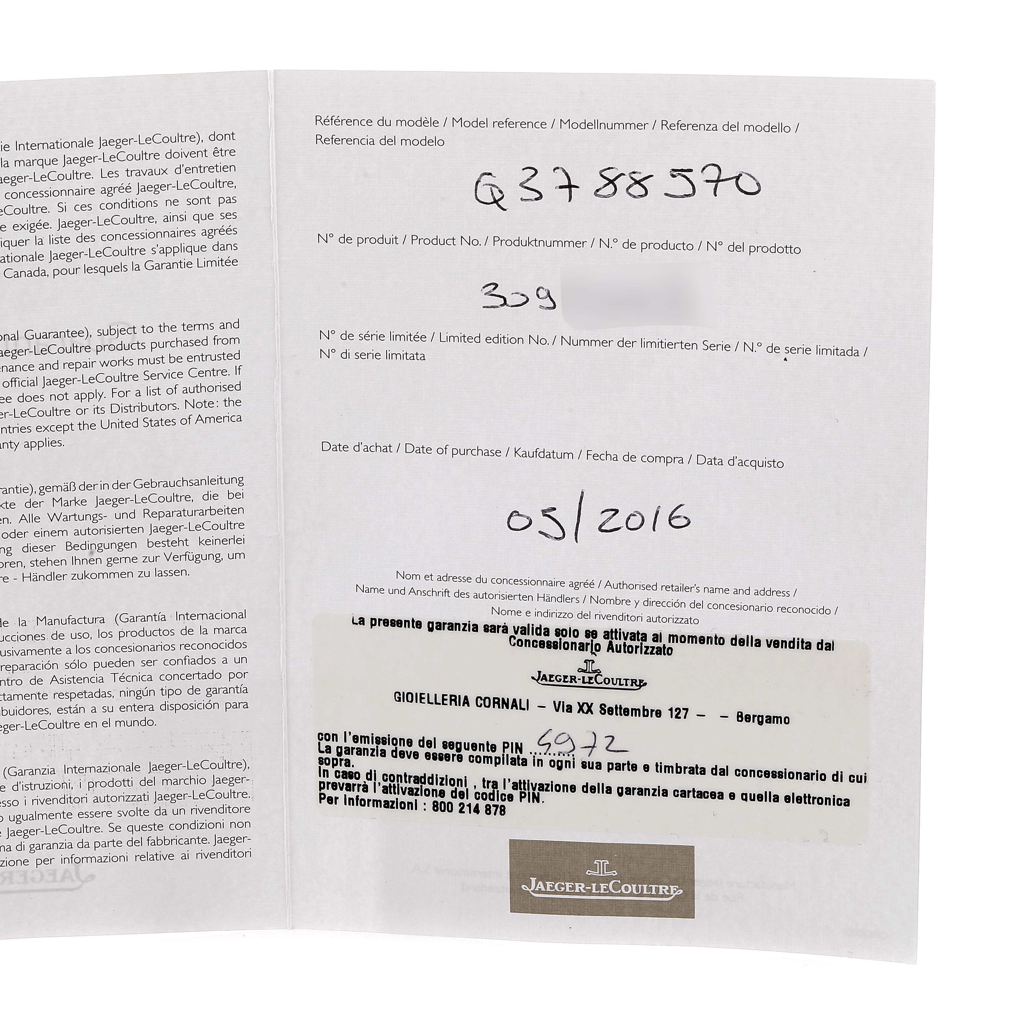 The image shows the warranty card and purchase information for a Jaeger LeCoultre Reverso Q3788570 Men's Stainless Steel Silver Dial Q3788570 Men's Stainless Steel Silver Dial model watch.