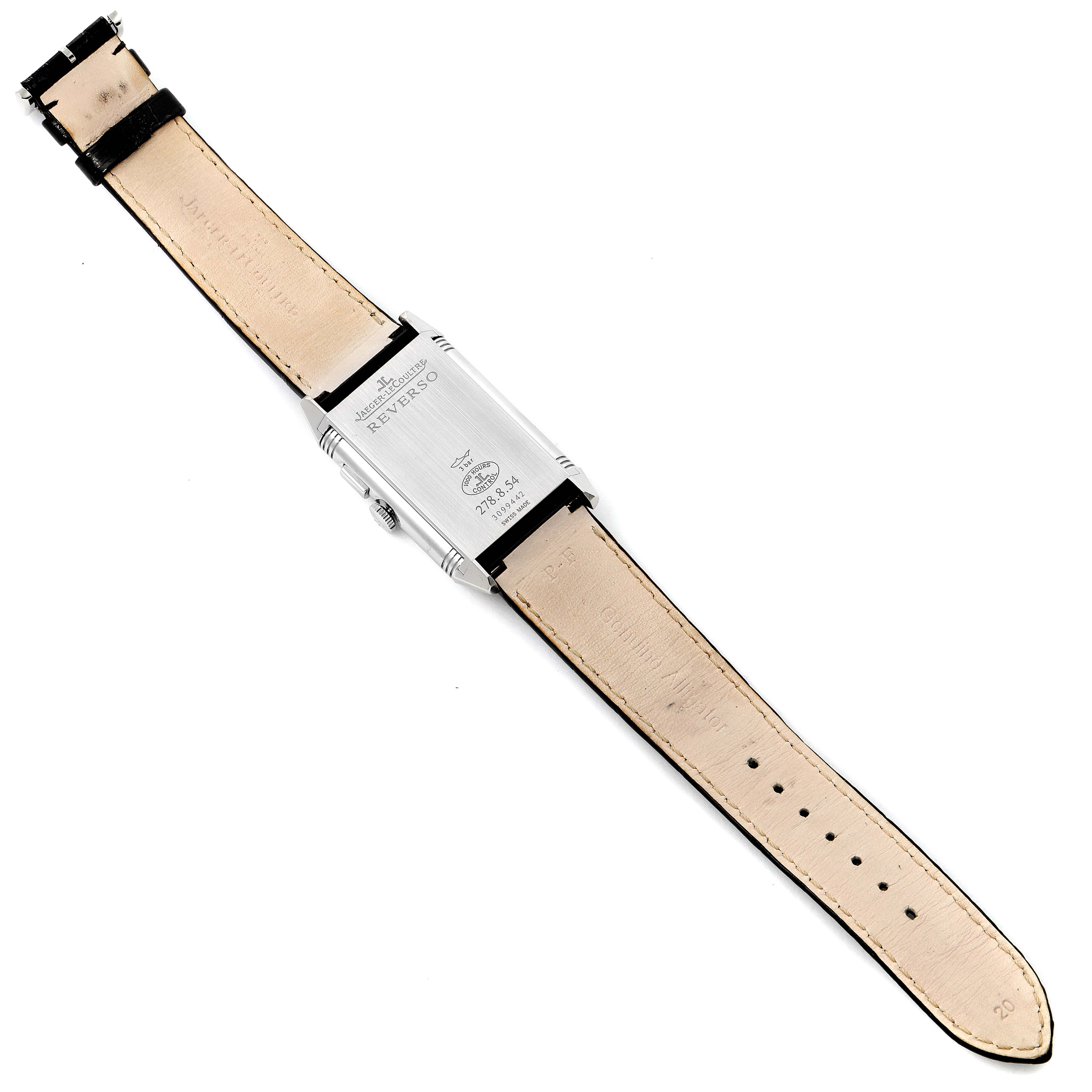 The image shows the back of a Jaeger LeCoultre Reverso Q3788570 Men's Stainless Steel Silver Dial Q3788570 Men's Stainless Steel Silver Dial watch, including the case back and leather straps.