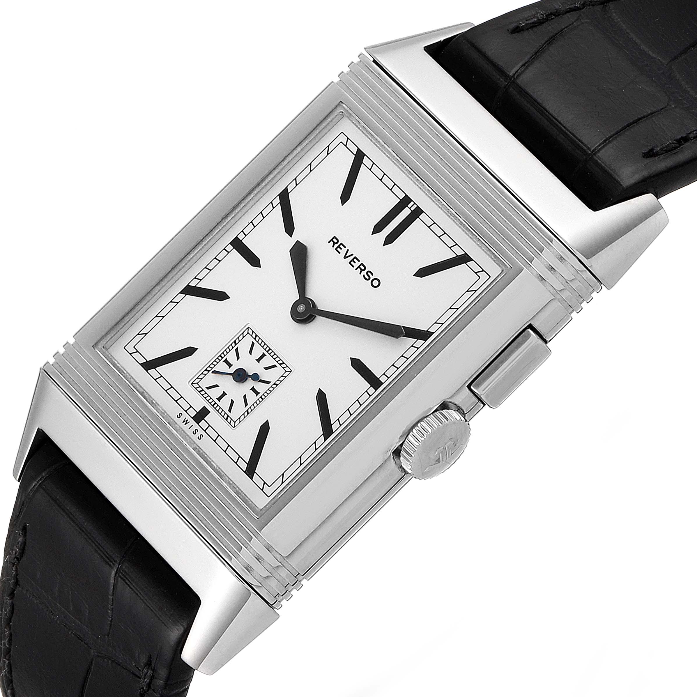 The Jaeger LeCoultre Reverso Q3788570 Men's Stainless Steel Silver Dial Q3788570 Men's Stainless Steel Silver Dial watch is shown at a slight angle, highlighting its rectangular face, crown, and black leather strap.