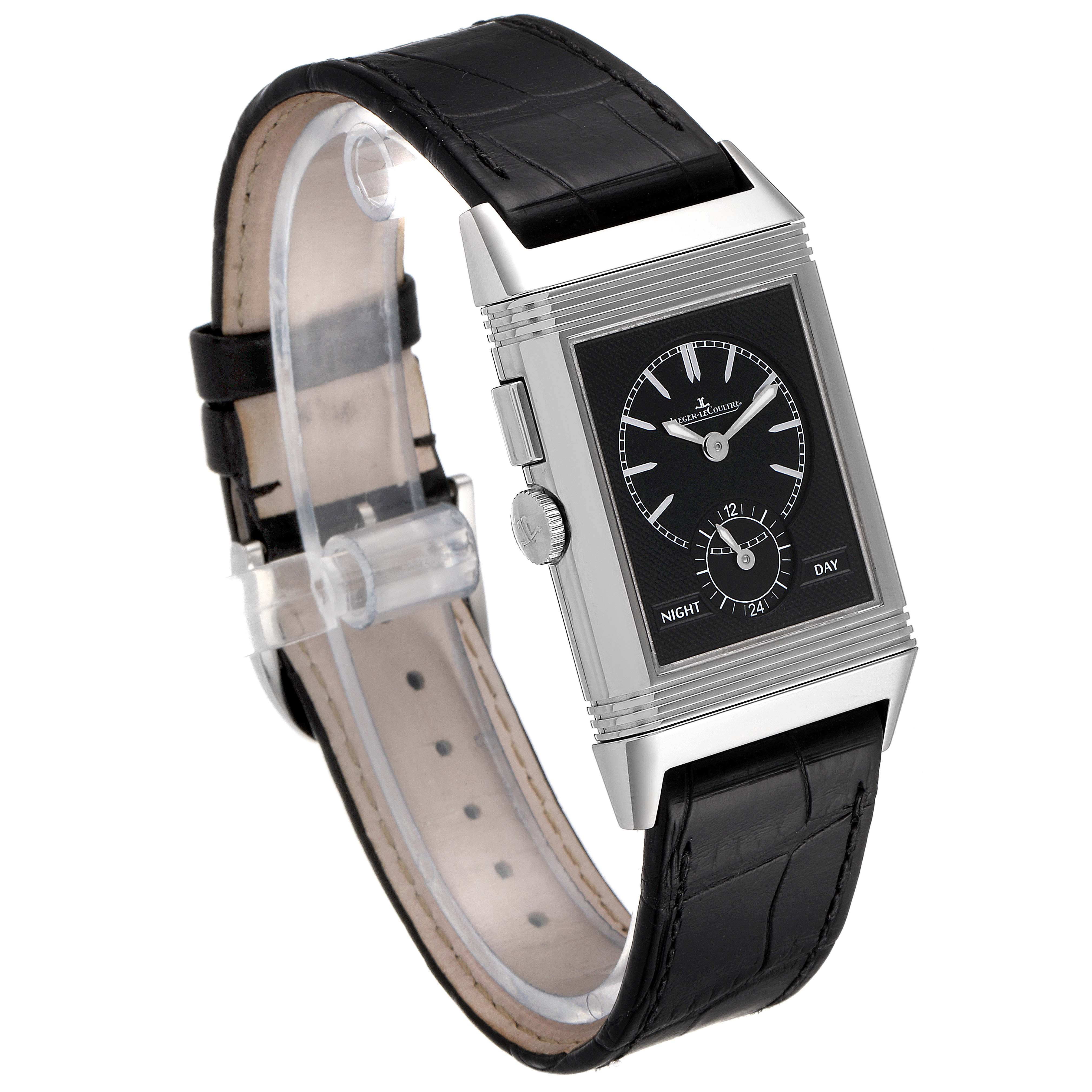 The image shows a Jaeger LeCoultre Reverso Q3788570 Men's Stainless Steel Silver Dial Q3788570 Men's Stainless Steel Silver Dial watch from a three-quarter front angle, highlighting its rectangular face and leather strap.