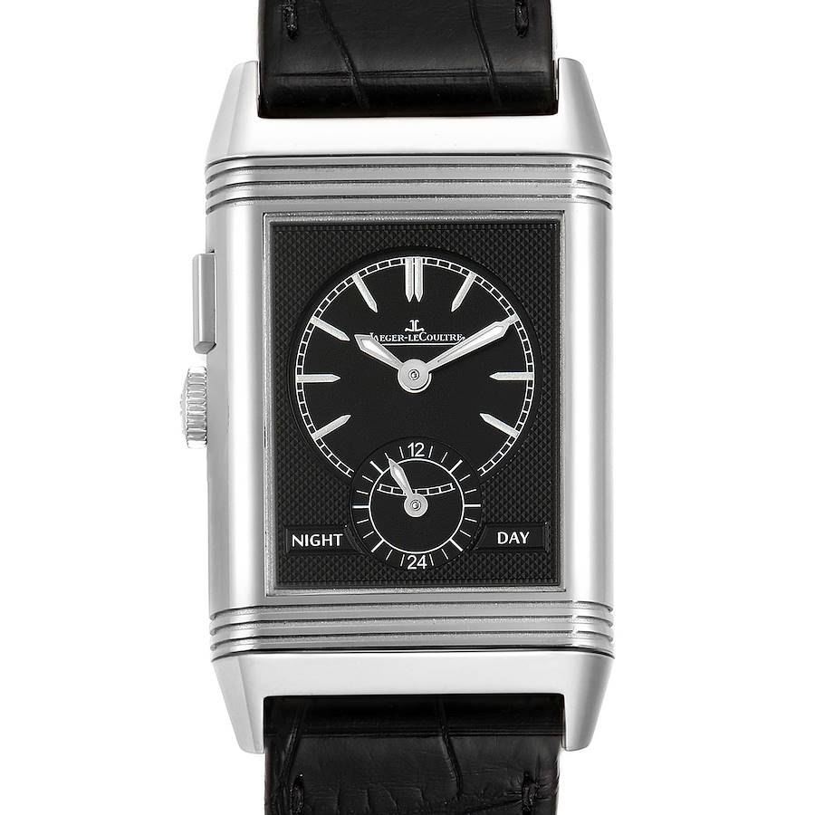 This image shows a front view of a Jaeger-LeCoultre Reverso watch, highlighting the dial, case, and leather strap.