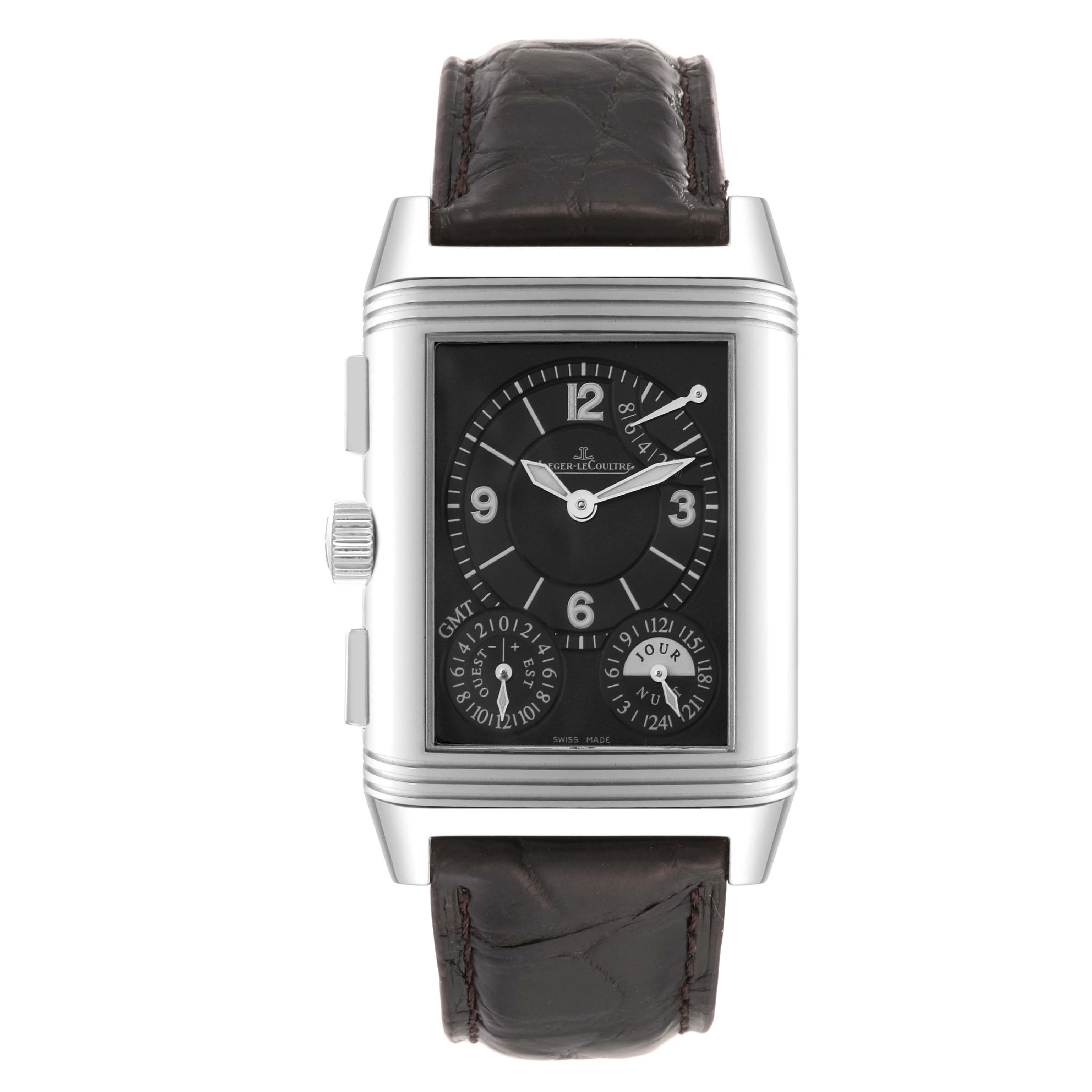 The image shows a front view of the Jaeger-LeCoultre Reverso watch, displaying its black dial, leather strap, and three subdials.