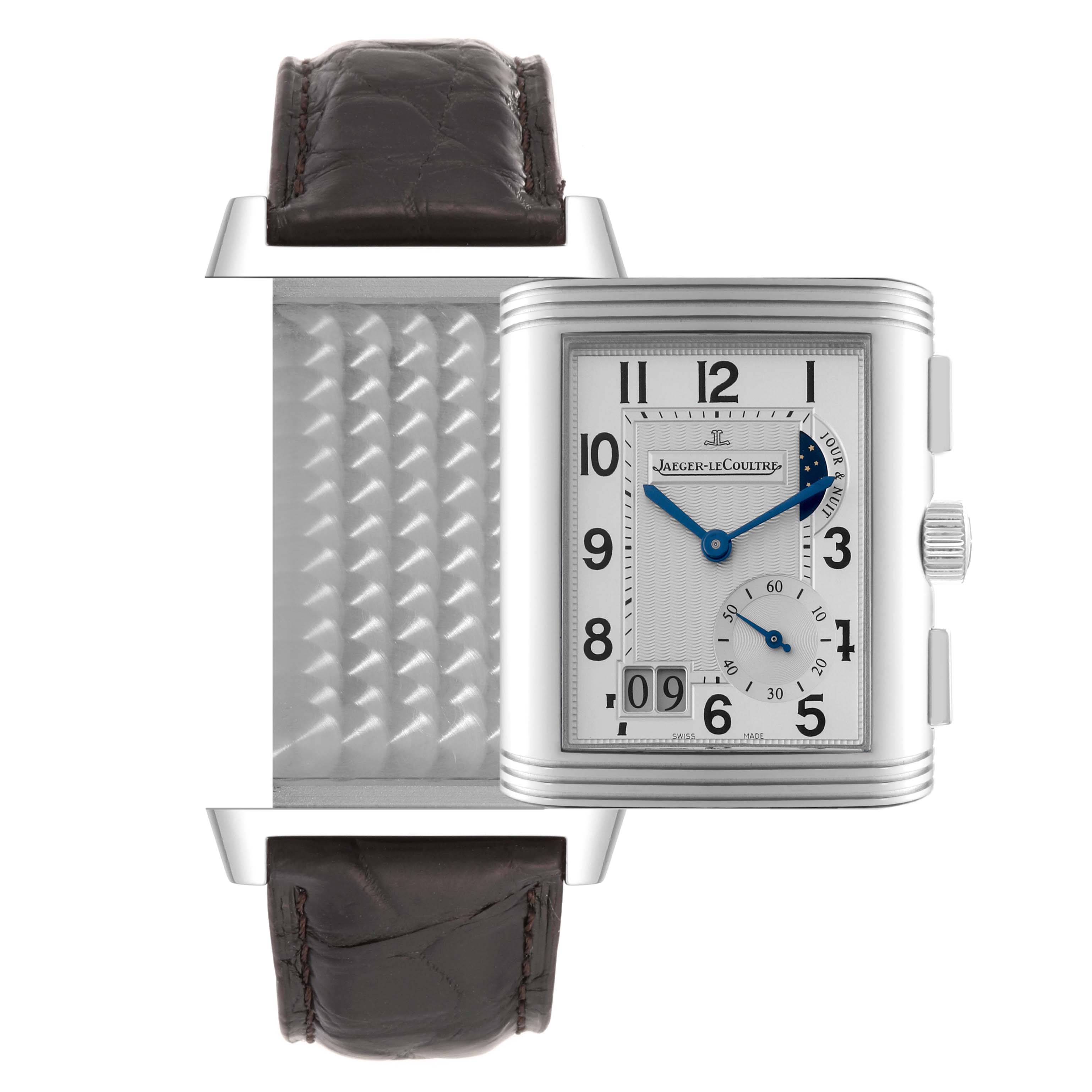 The image shows a front view of the Jaeger LeCoultre Reverso Q3028420 Men
s Stainless Steel Silver Dial Q3028420 Men
s Stainless Steel Silver Dial watch, capturing the case, dial, crown, and partially the strap.