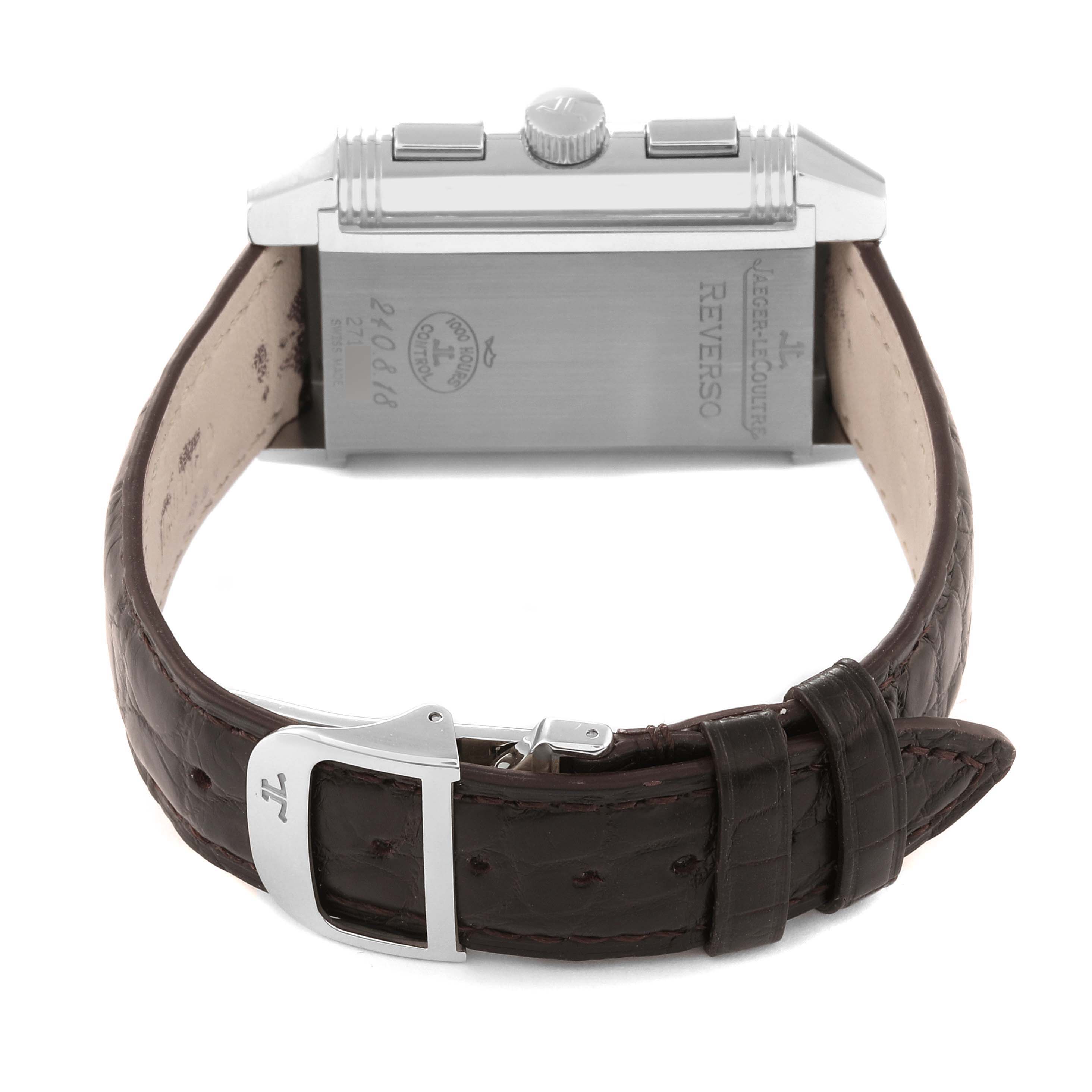 The image shows the back view of a Jaeger LeCoultre Reverso Q3028420 Men
s Stainless Steel Silver Dial Q3028420 Men
s Stainless Steel Silver Dial watch, highlighting the case back, crown, pushers, and leather strap.