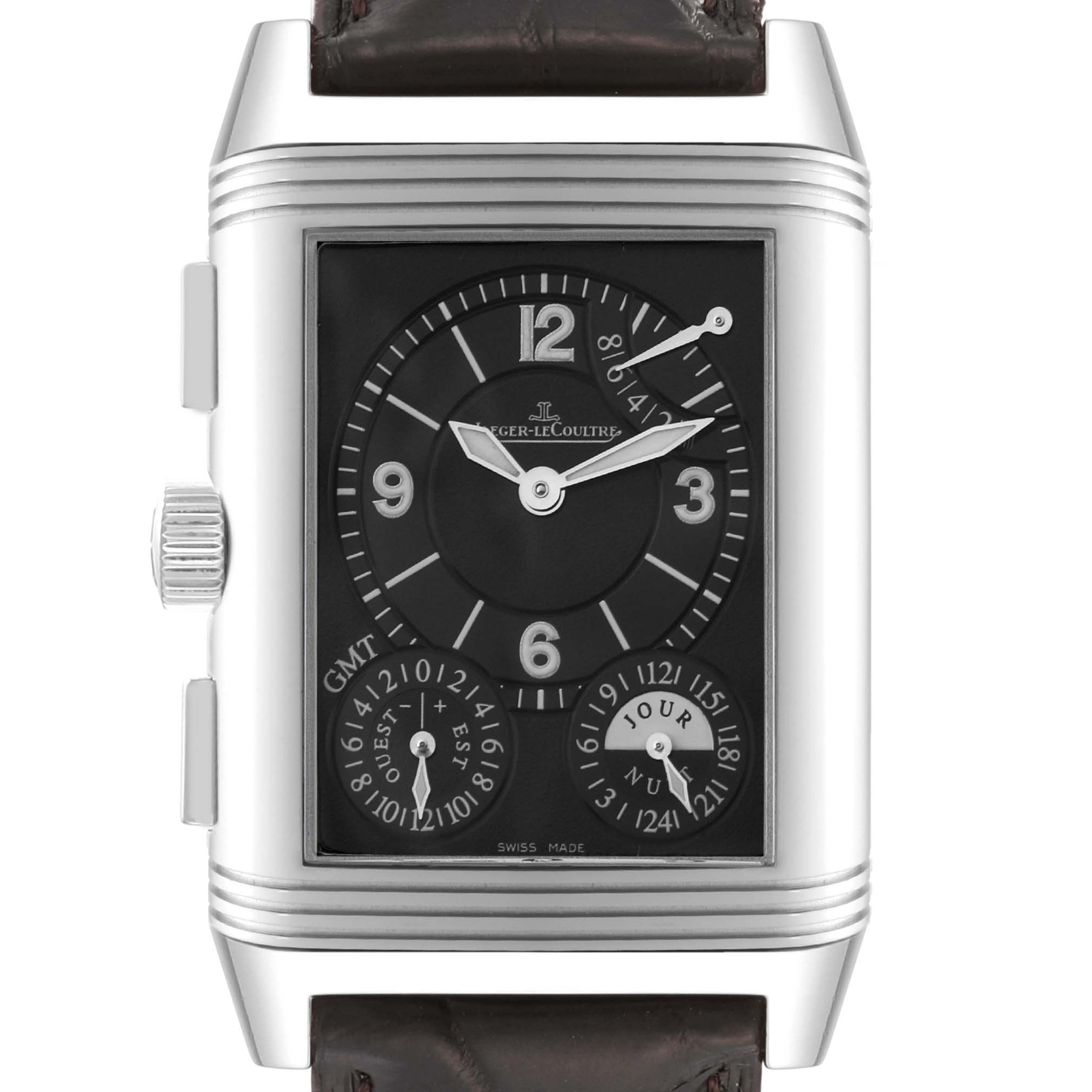The image shows a front view of the Jaeger LeCoultre Reverso Q3028420 Men
s Stainless Steel Silver Dial Q3028420 Men
s Stainless Steel Silver Dial watch, highlighting its face, hands, subdials, and case details.