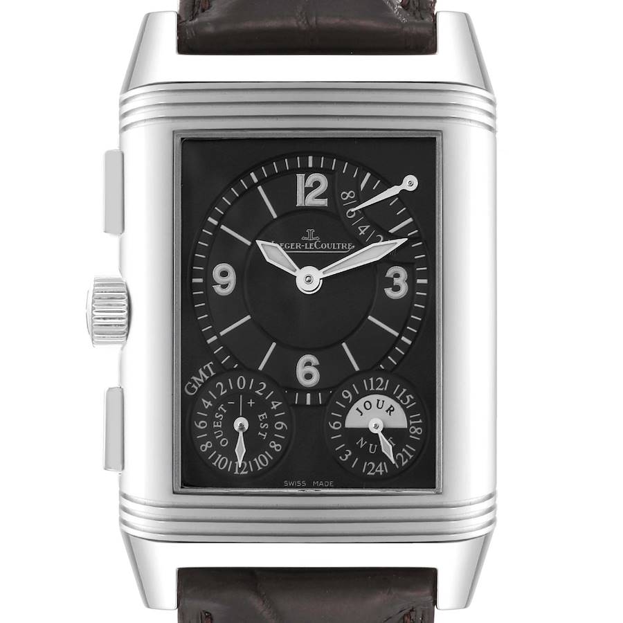 The image shows a front view of the Jaeger LeCoultre Reverso watch, highlighting its face, hands, subdials, and case details.