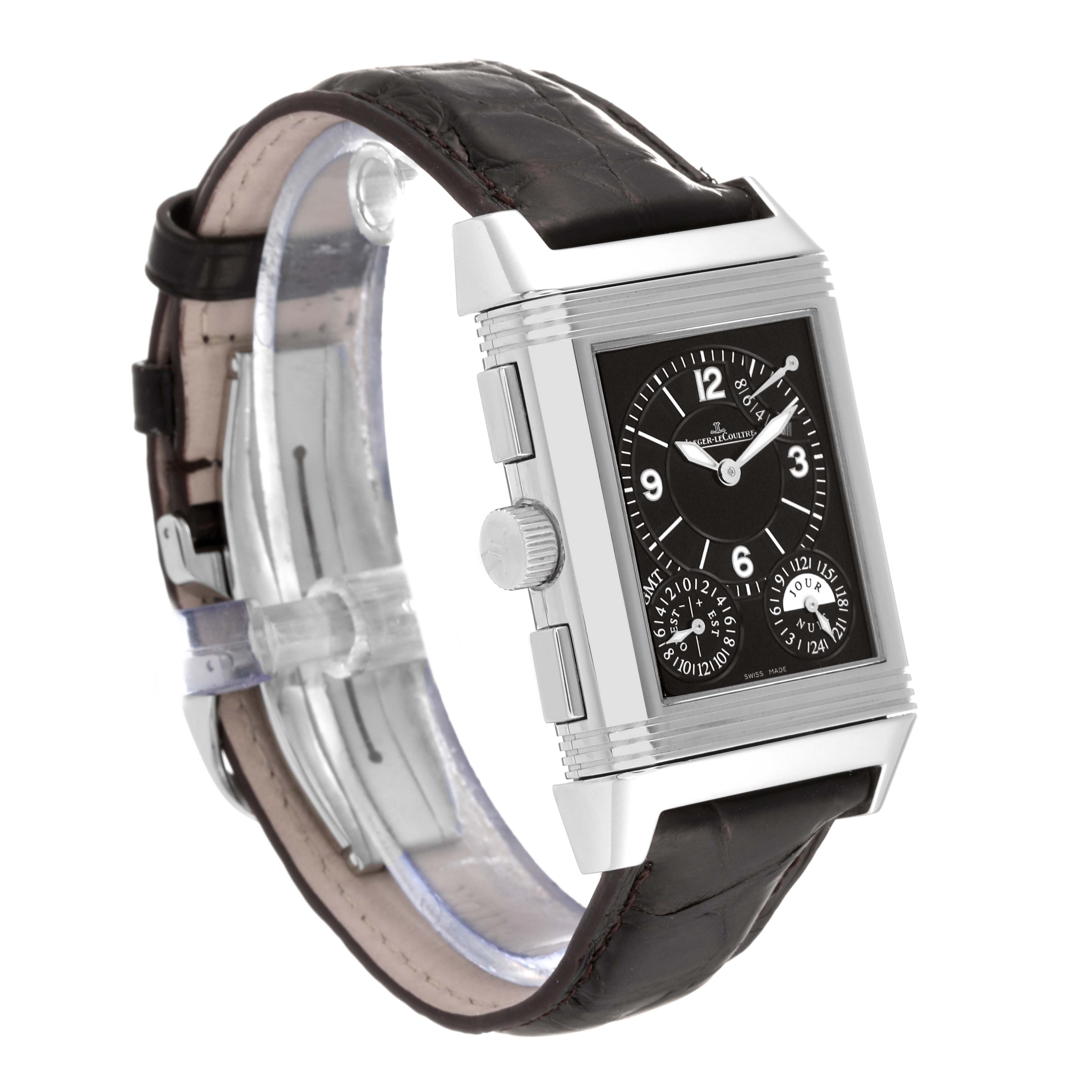 The image shows a Jaeger LeCoultre Reverso Q3028420 Men
s Stainless Steel Silver Dial Q3028420 Men
s Stainless Steel Silver Dial watch at a slight angle, highlighting its rectangular face, case, and leather strap.