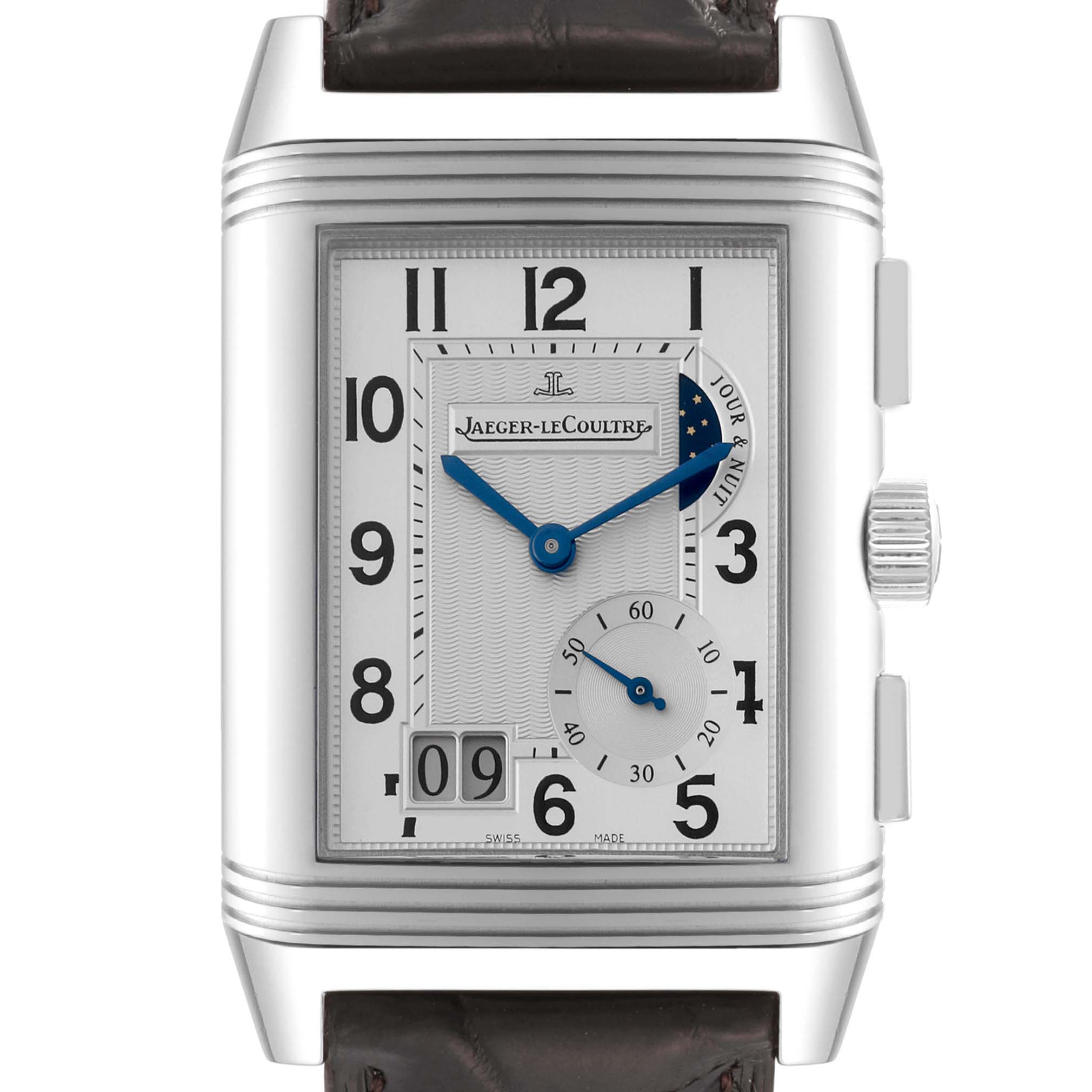 The image shows a front view of a Jaeger LeCoultre Reverso Q3028420 Men
s Stainless Steel Silver Dial Q3028420 Men
s Stainless Steel Silver Dial watch displaying the dial, numerals, day/night indicator, and sub-dial.