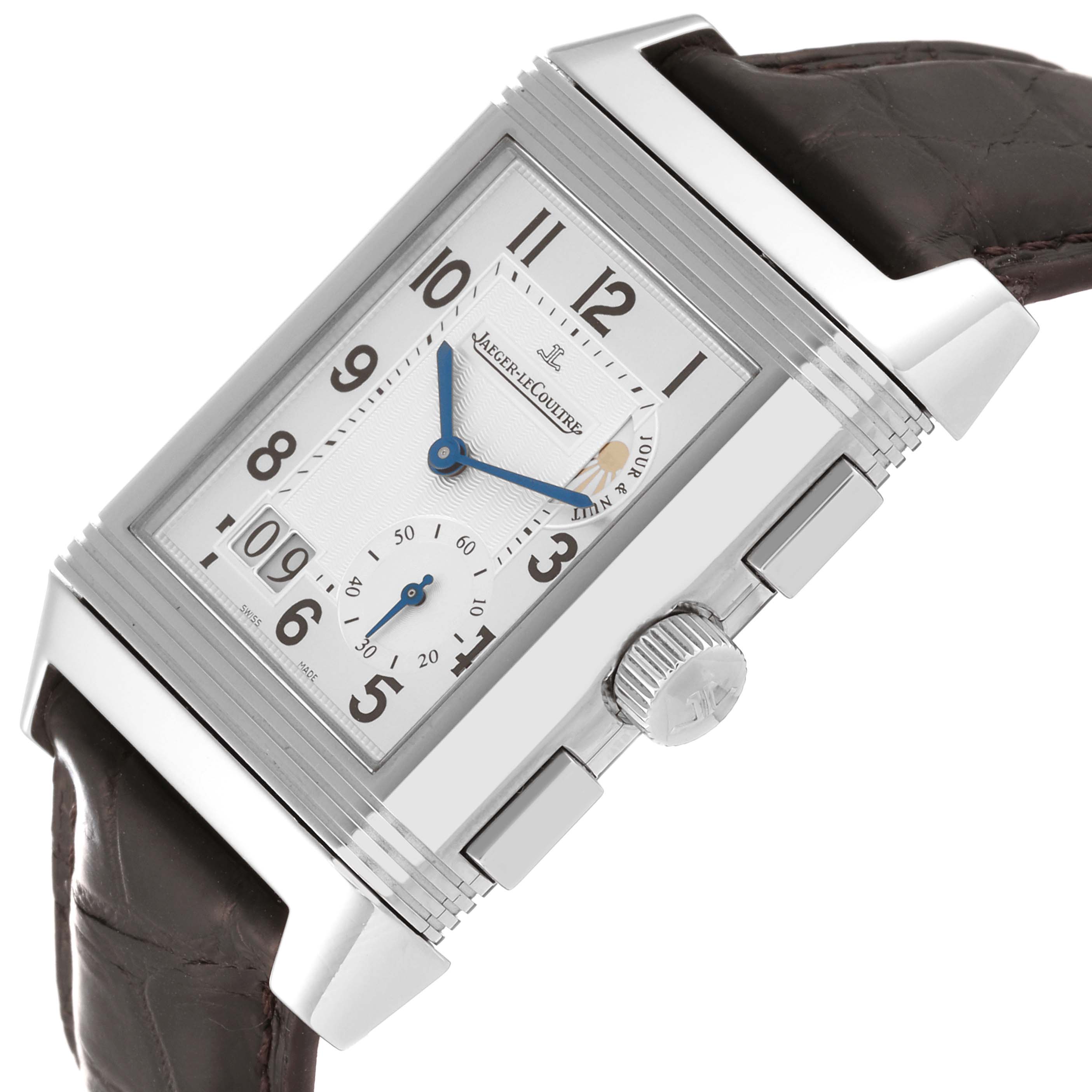 The image shows a close-up angle of the Jaeger LeCoultre Reverso Q3028420 Men
s Stainless Steel Silver Dial Q3028420 Men
s Stainless Steel Silver Dial watch featuring its face, crown, and part of the strap.