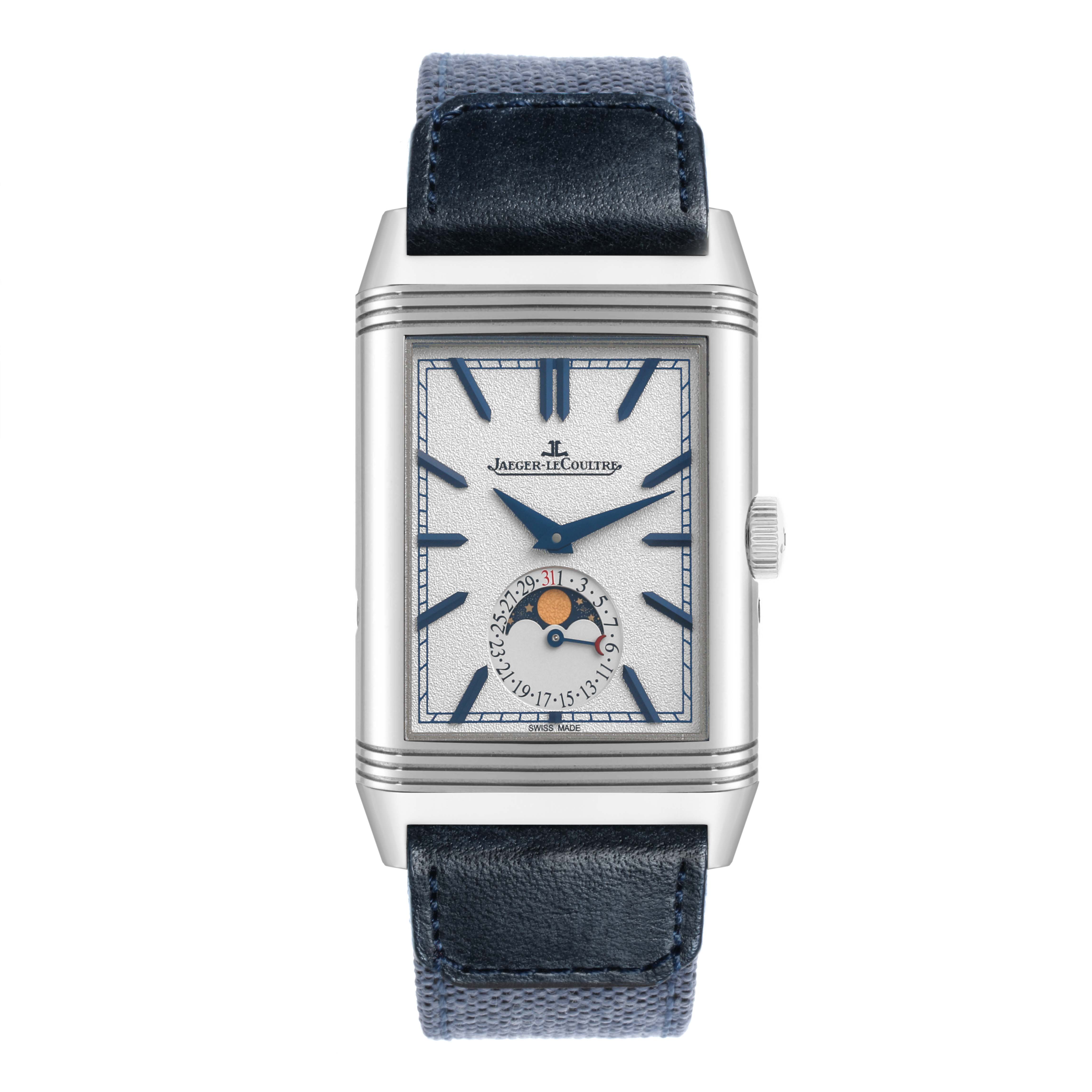 The Jaeger LeCoultre Reverso Q3958420 Men's Stainless Steel Silver Dial Q3958420 Men's Stainless Steel Silver Dial model is shown from the front, featuring the face, case, dial, hands, and part of the strap.