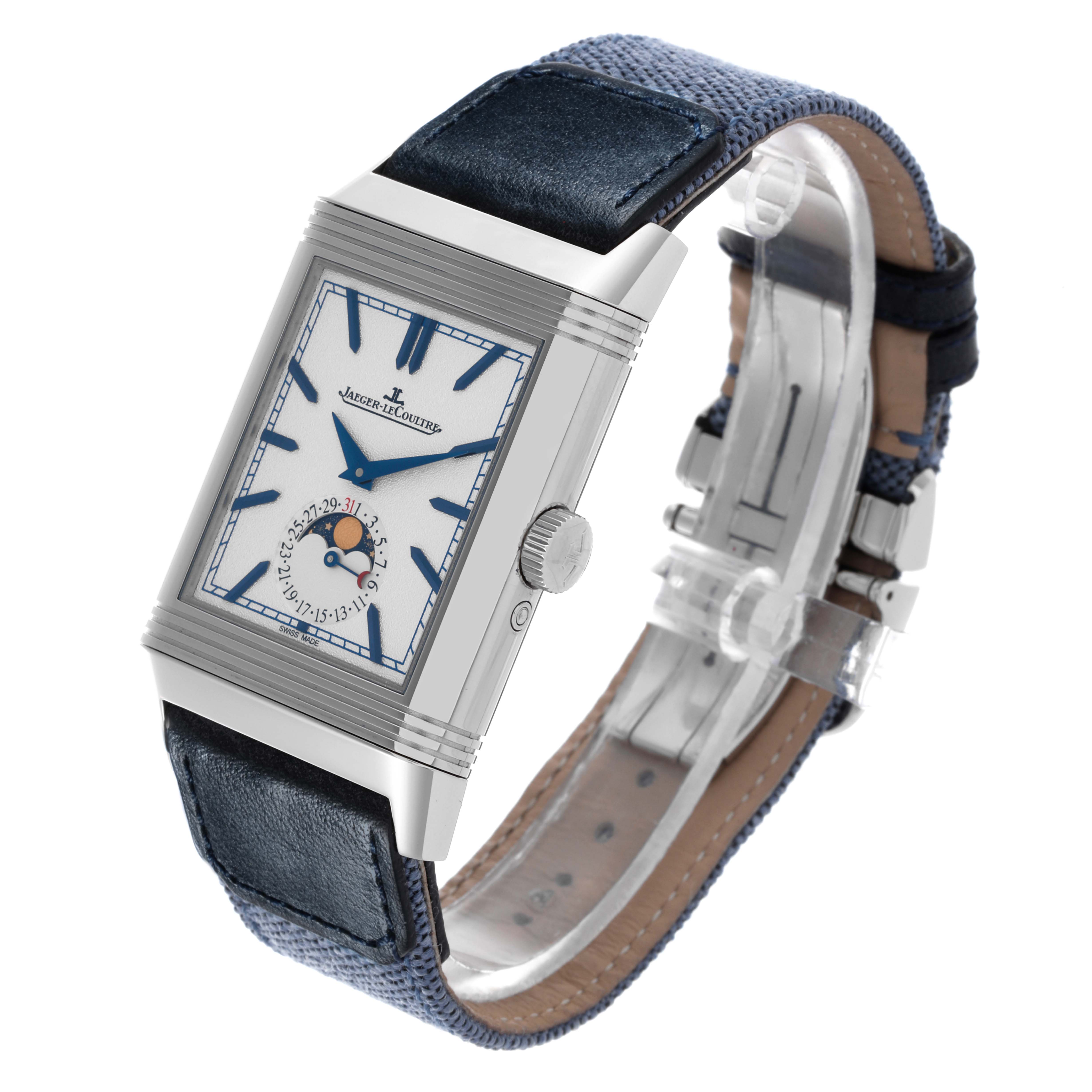 The Jaeger-LeCoultre Reverso watch is shown at a three-quarter angle, displaying the face, crown, and leather strap.