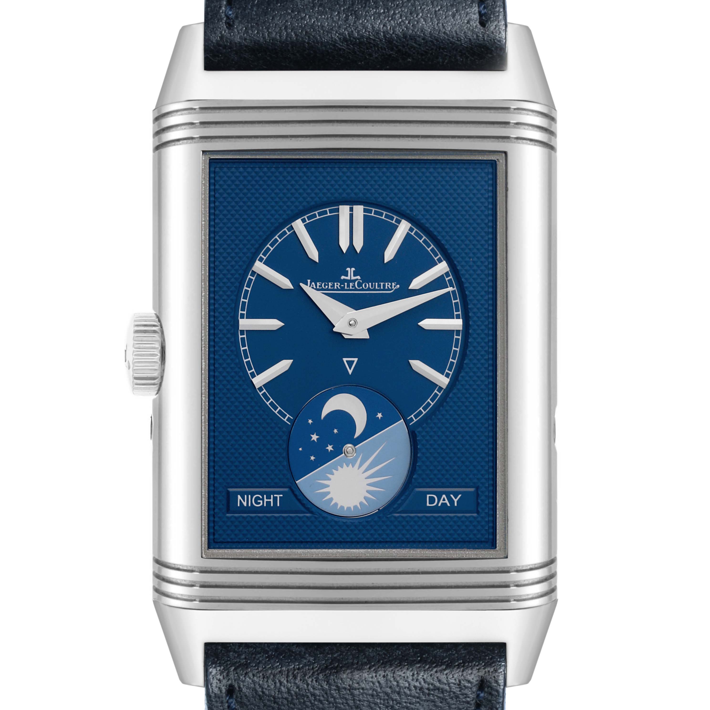 The Jaeger-LeCoultre Reverso watch is shown from the front, displaying the dial with hour markers and a day-night indicator.